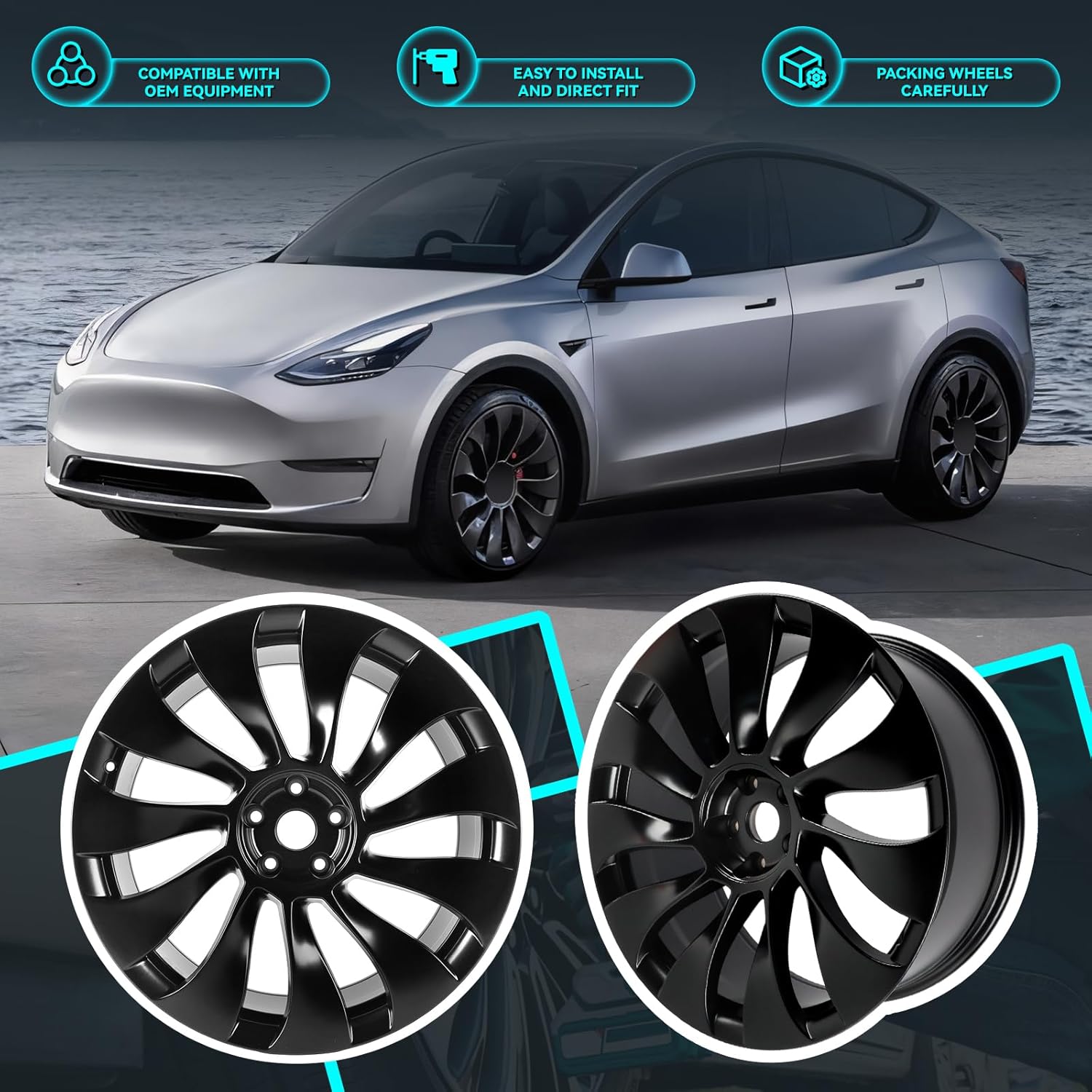 New 21inch 21 inch x 9.5 inch Front Wheel Rim Fits For Tesla Model Y 2020 2021 2022 2023, Black OEM Alloy Wheels, 118822600B