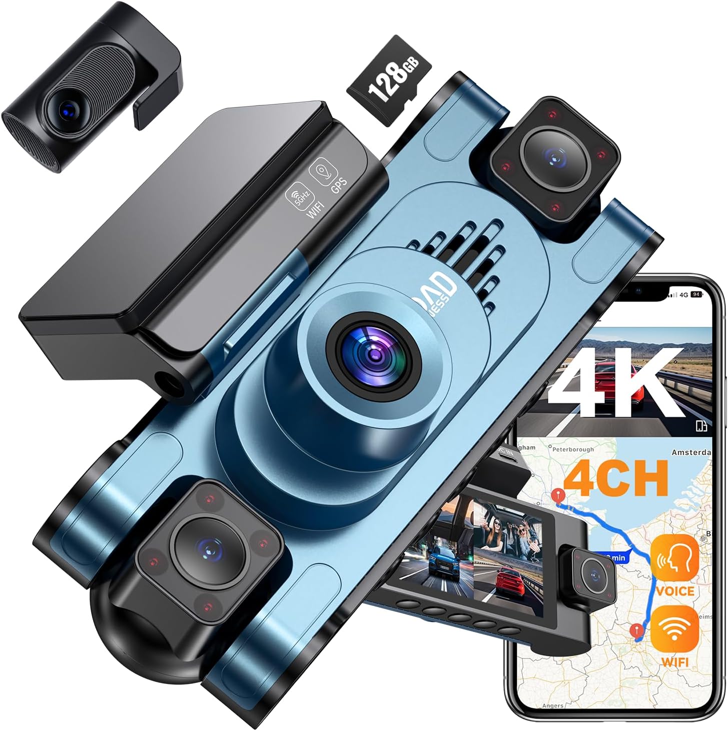 4K 360° DashCam for Cars,4 Channel Car Dash Cam Front and Rear Inside with 128GB Card Included,Voice Control,5.8G WiFi GPS,IR Night Vision, G Sensor, 24/7 Parking Mode &Loop Recording Dash Camera