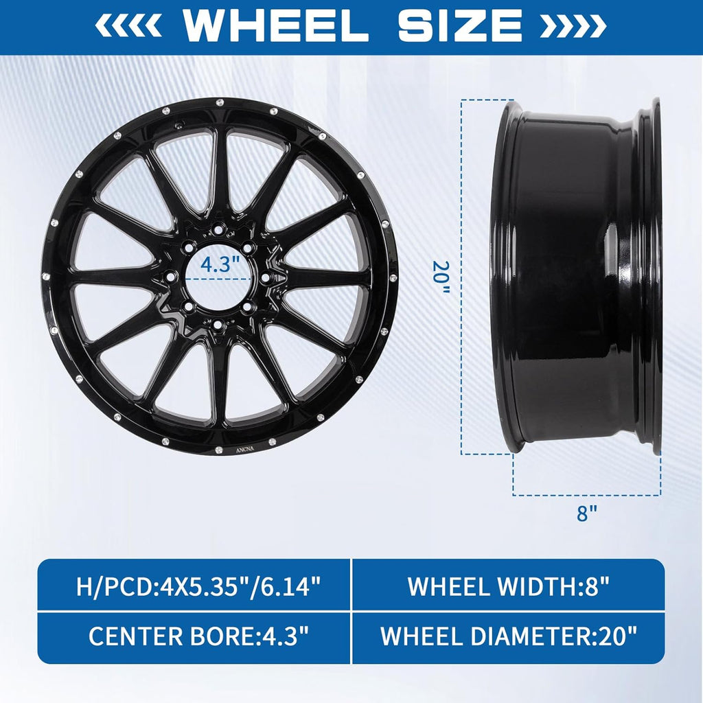 20"x8" Wheel Rim 4x136/156 Premium Aluminum Alloy Rim with Black Spokes, Center Bore-110.18mm Wheel Load Raiting - 1200 LBS,+0 mm Offset