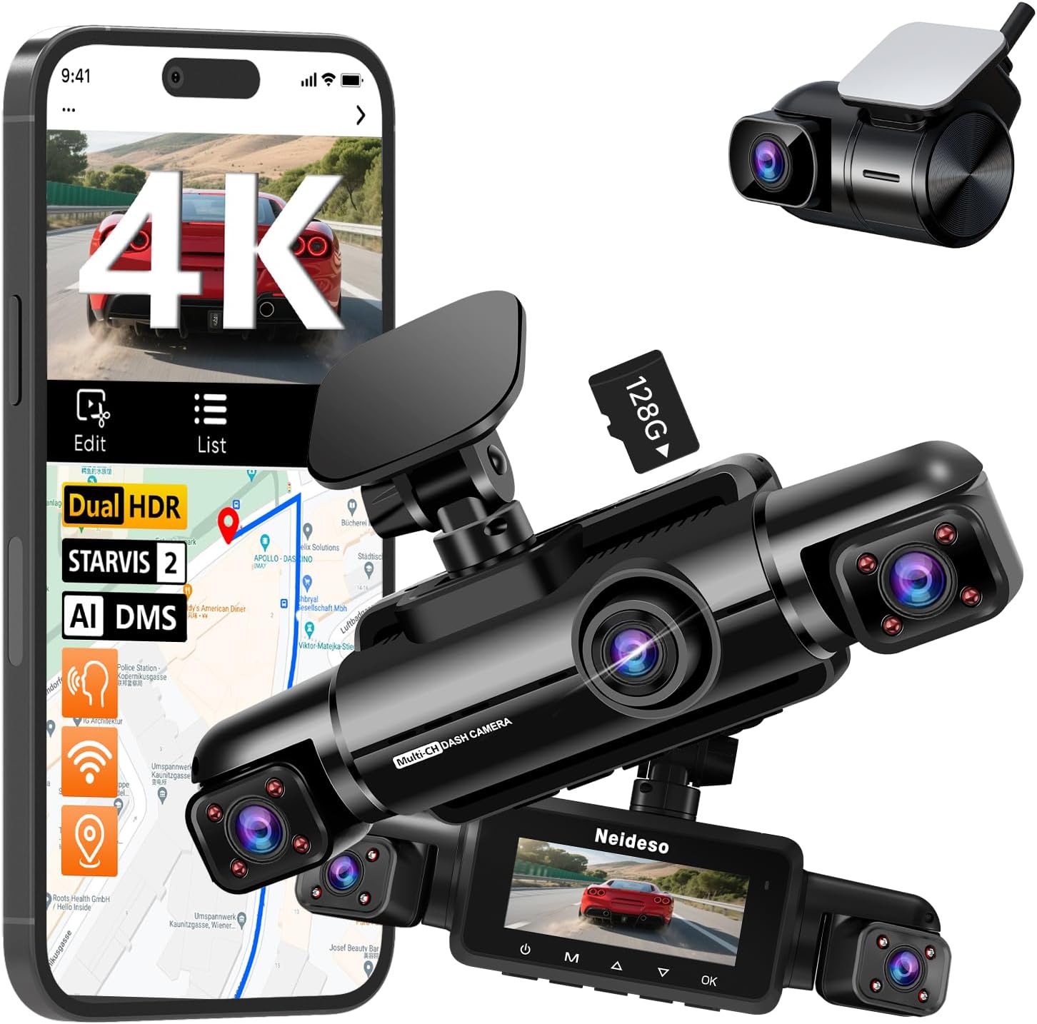 Dash Cam 4K 4 Channel, STARVIS 2 IMX675 Sensor AI Dashcam with Driver Monitor System, 4K+1080P*3 Car Camera, 360° Dash Camera 5G WiFi GPS, 128GB SD Card Night Vision 24H Parking Mode, N900-4CH