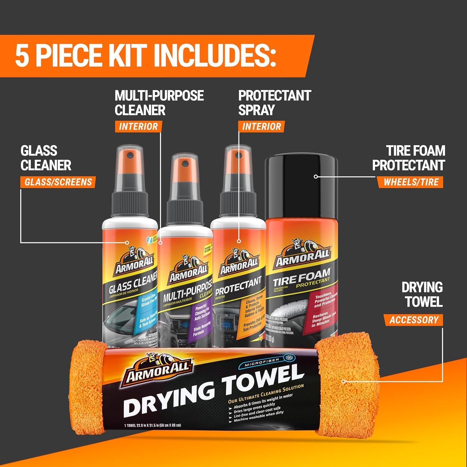 Armor All Car Wash and Car Interior Cleaner Kit, Includes Towel, Tire Foam, Glass Spray, Protectant Spray and Cleaning Spray, Multicolor, 5 Count (Pack of 1)