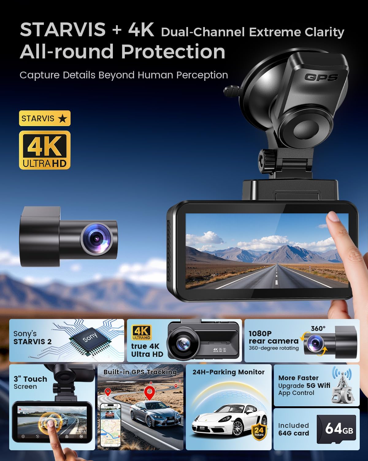 COOLCRAZY 4K Dash Cam Front and Rear with Touch Screen & STARVIS Sensor,5.8Ghz Wi-Fi,GPS,64GB Card,Night Vision Dashcam,G-Sensor,Loop Recording,App Control,24H Parking Monitor Car Camera