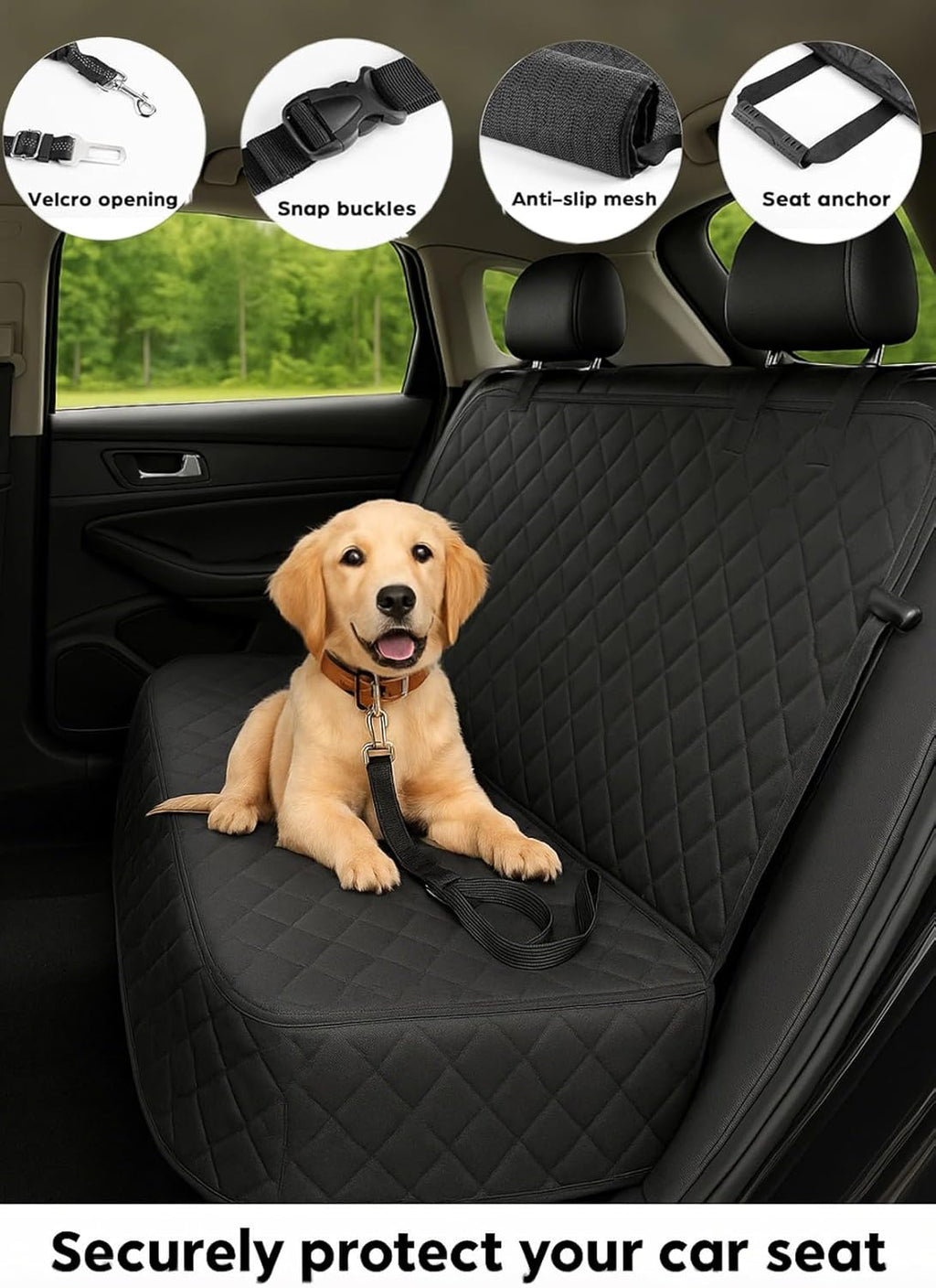 Waterproof Dog Car Seat Cover with Belt for Back Seat - Washable Pet Protector Accessories for Cars, Trucks, SUVs, and Bench Seats - Auto Backseat Hammock for Small & Large Dogs