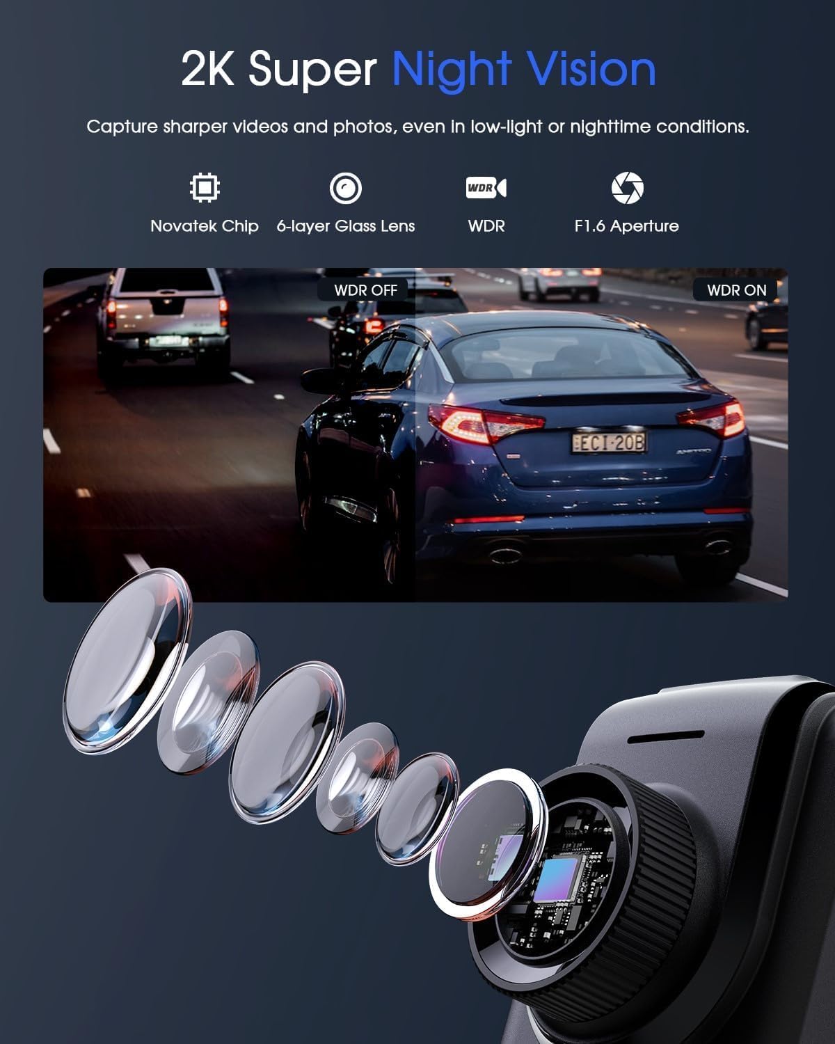 2K Dash Cam with 32 GB Card, Built-in WiFi Dash Camera for Cars, Front Dashcams for Cars with APP, WDR, Night Vision, 24 Hours Parking Monitor, G-Sensor, Loop Recording