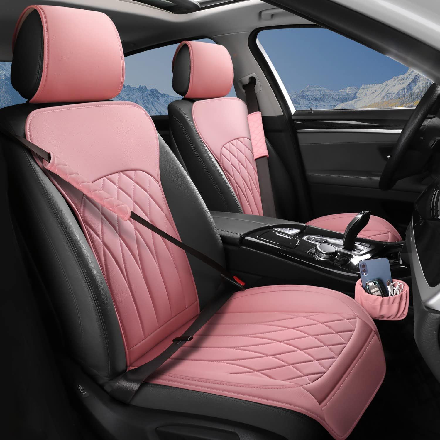 2 Pack Leather Front Car Seat Covers, Universal Sideless Car Seat Protectors with Storage Pocket and Seat Belt Pads, Waterproof Automotive Seat Cover for Cars Trucks SUV(Purple)