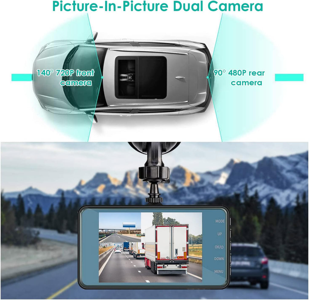 Dash Cam Front and Rear, 720P FHD Dual Dash Cam Front Rear Car DVR Dash Camera with 4-inch HD Display, Car Dashcam Video Recorder with Night Vision,G-Sensor,Loop Recording,HDR Motion Detection