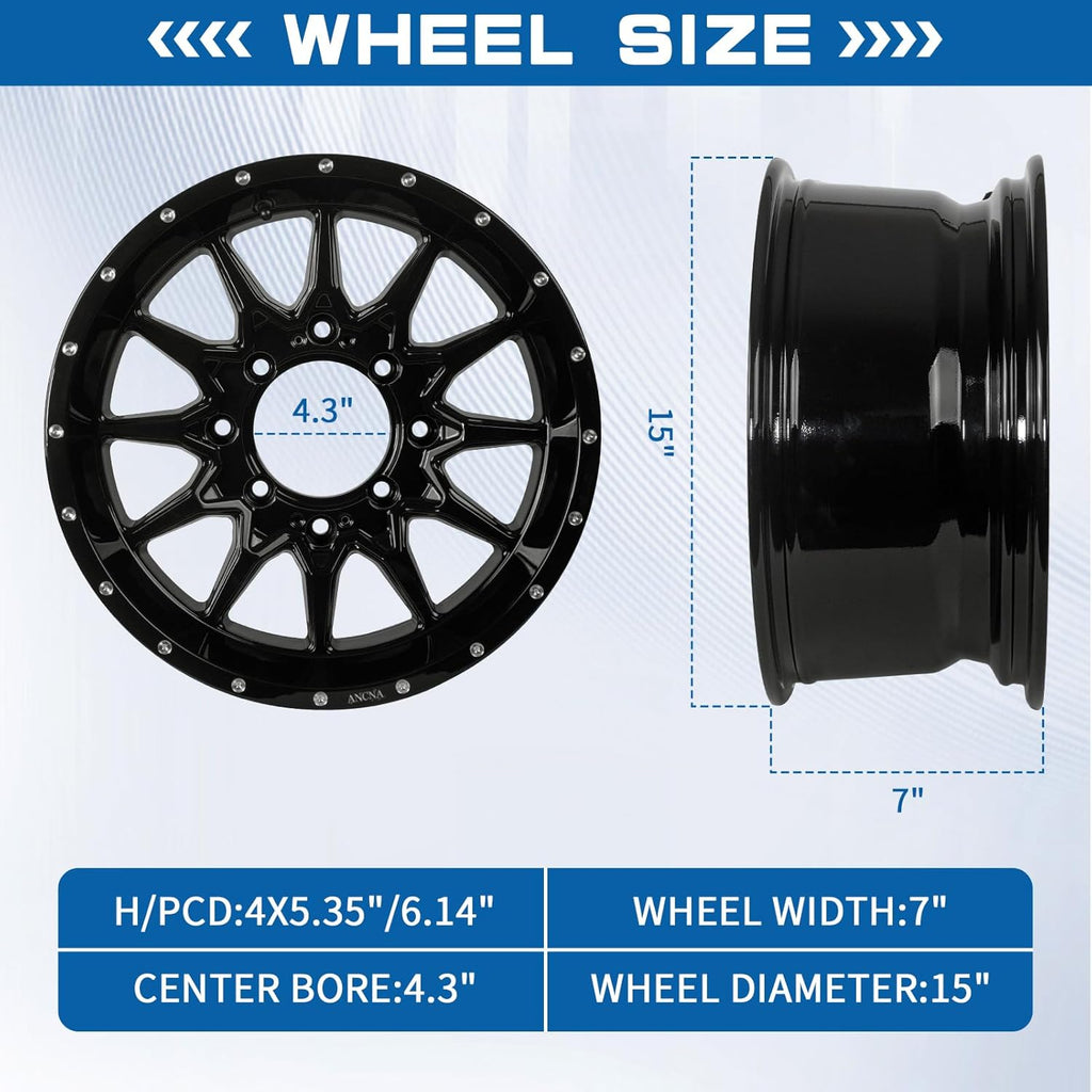 ANCNA 15&#34;x7&#34; Wheel Rim 4x136\/156 Premium Aluminum Alloy Rim with Black Spokes, Center Bore-110.18mm Wheel Load Raiting - 1200 LBS,+10 mm Offset