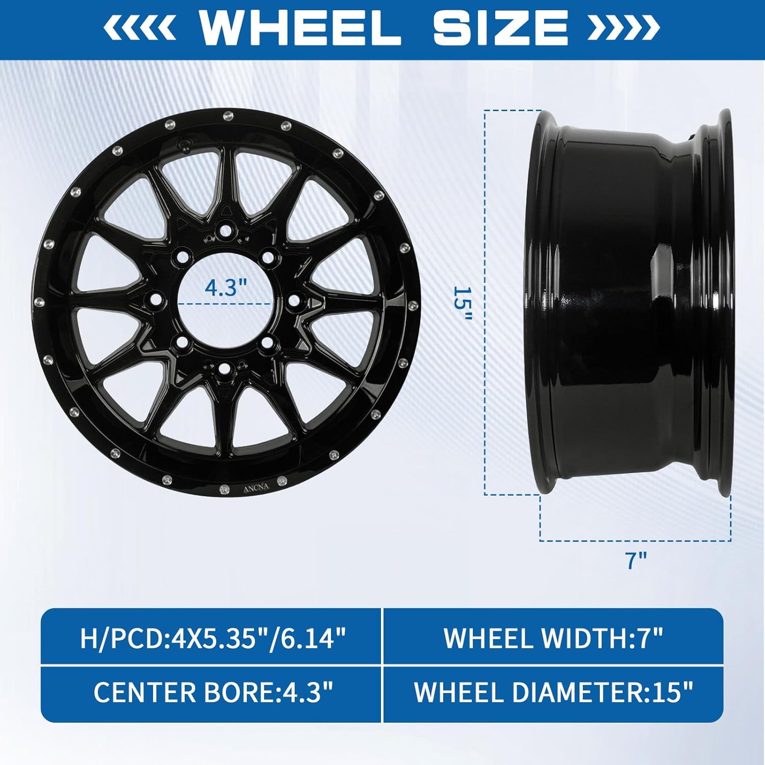 ANCNA 15&#34;x7&#34; Wheel Rim 4x136\/156 Premium Aluminum Alloy Rim with Black Spokes, Center Bore-110.18mm Wheel Load Raiting - 1200 LBS,+10 mm Offset