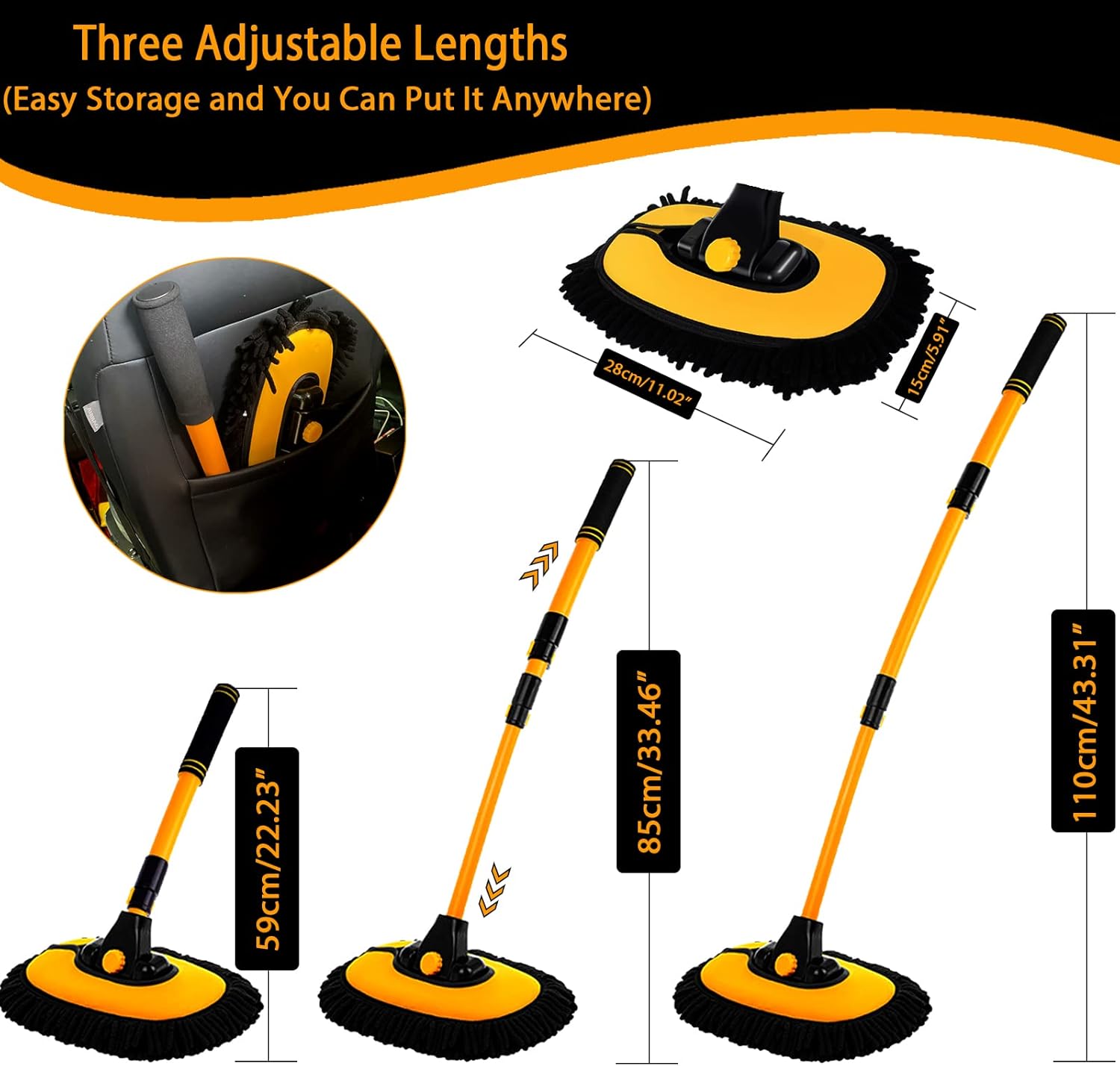 15° Curved Car Cleaning Brush with Telescopic Handle 43" Aluminum Alloy Long Rod Wash Mop For Washing Caravan Van Truck Boat RV Roof Soft Chenille Head Duster Clean Product Not Hurt Paint Scratch Free