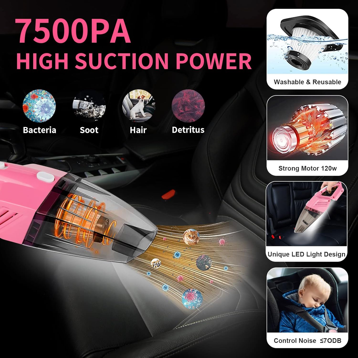 Pink Car Interior Detailing Kit, 16Pcs Car Cleaning Kit with High Power Handheld Vacuum, Detailing Brush Set, Cleaning Gel, Windshield Cleaning Tool, Complete Car Cleaning Supplies for Women