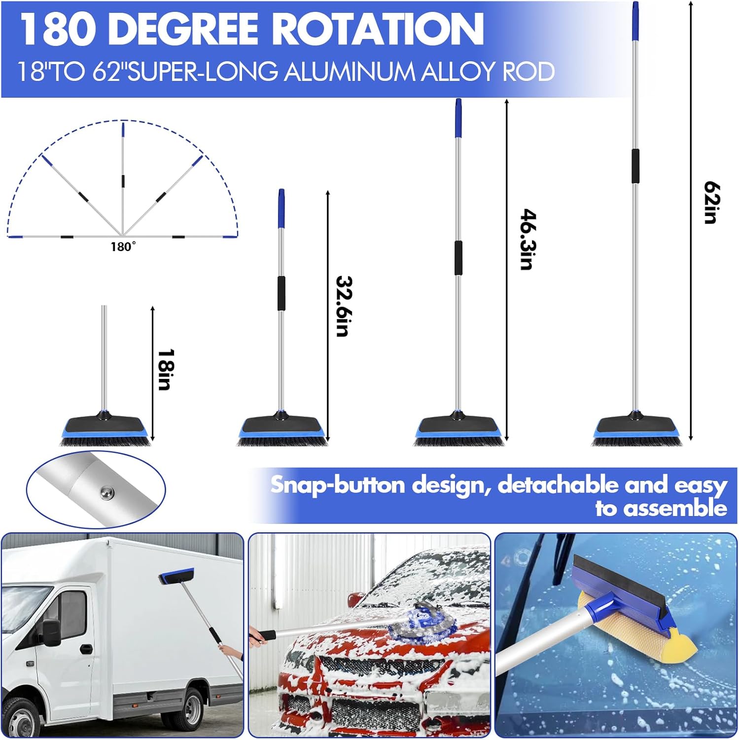 62'' Car Wash Brush with Long Handle, Scratch-Free Car Wash Mop Kit with Wheel Tire Brush, Wash Mitt Towel, Windshield Squeegee, Car Cleaning Brush Kit for Cars RV Truck Boat