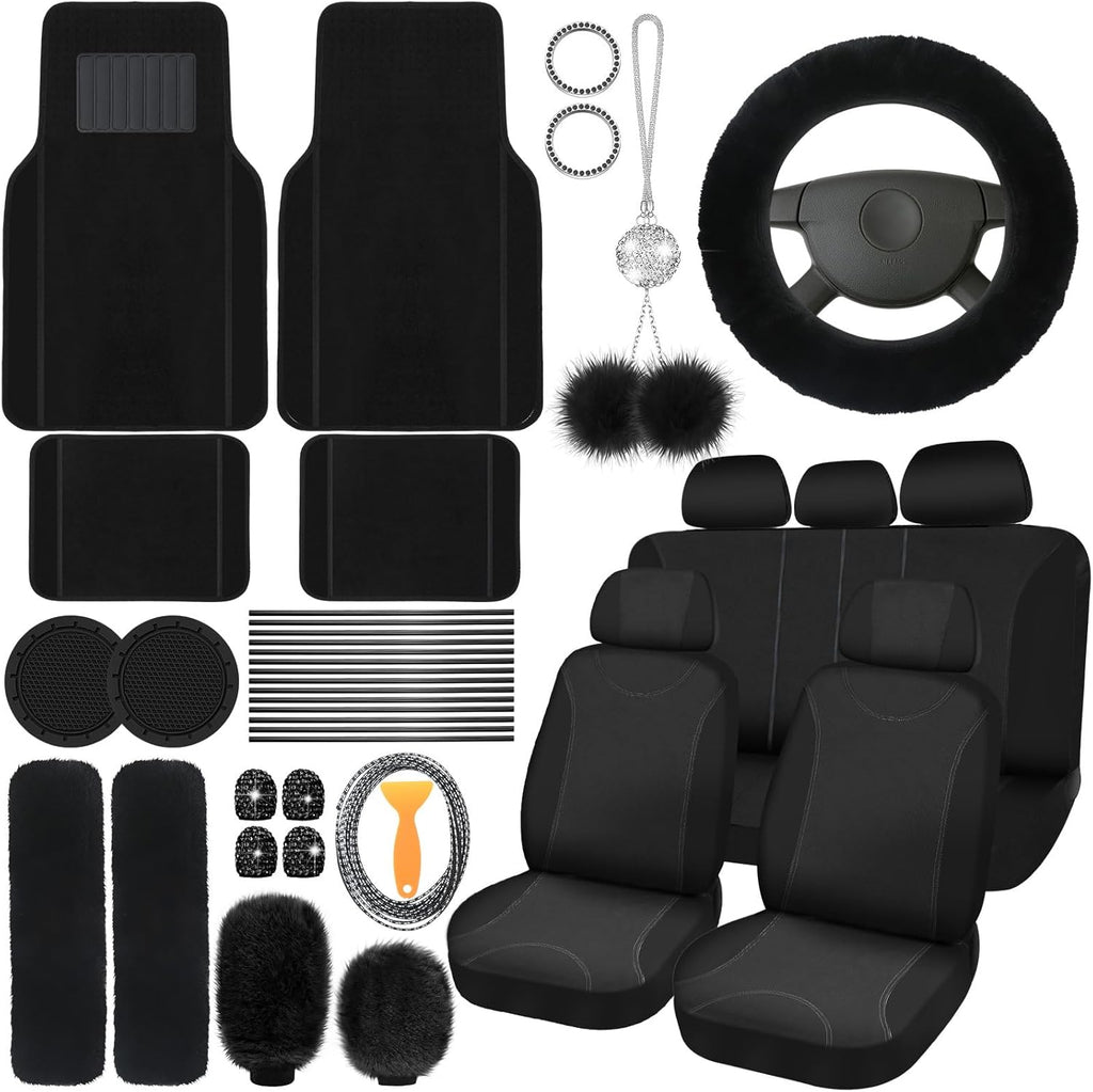 Woanger 47 Car Seat Cover Full Set for Women Included Car Front Rear Seat Fluffy Steering Wheel Cover Belt Automotive Floor Mats Air Conditioner Decoration Strip Universal(Blue)