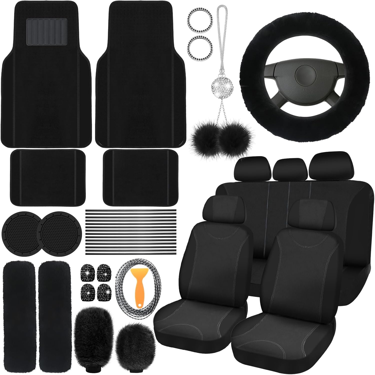 Woanger 47 Car Seat Cover Full Set for Women Included Car Front Rear Seat Fluffy Steering Wheel Cover Belt Automotive Floor Mats Air Conditioner Decoration Strip Universal(Blue)