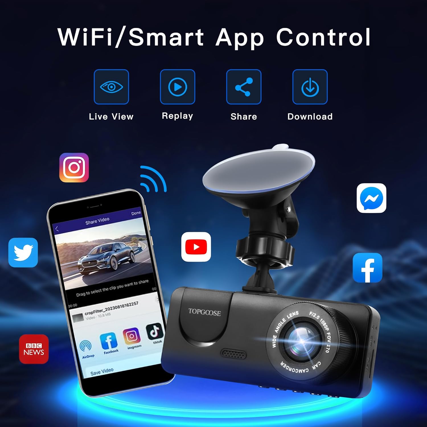 3 Channel Dash Cam WiFi FHD 1080P Car Camera 64GB TF Card,TOPGOOSE Front Dash Camera Front and Rear Inside for Cars,Mini Dashcams with Night Vision,Loop Recording,WDR,G-Sensor,App