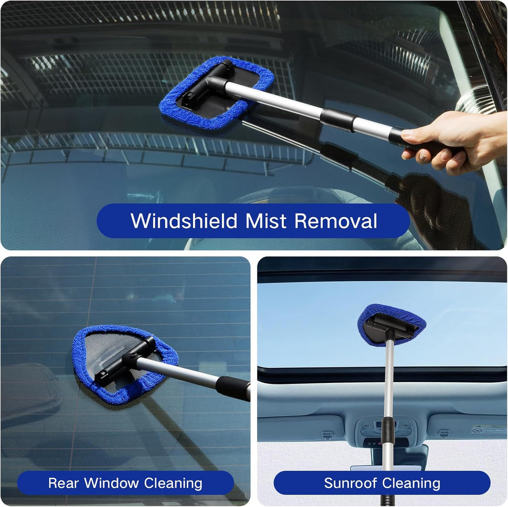 11pcs Windshield Cleaner Tool, Car Window Cleaning Wash Kit with 6 Reusable Microfiber Pads 2 Spray Bottles and Extendable Handles Auto Glass Wiper Kit, Blue