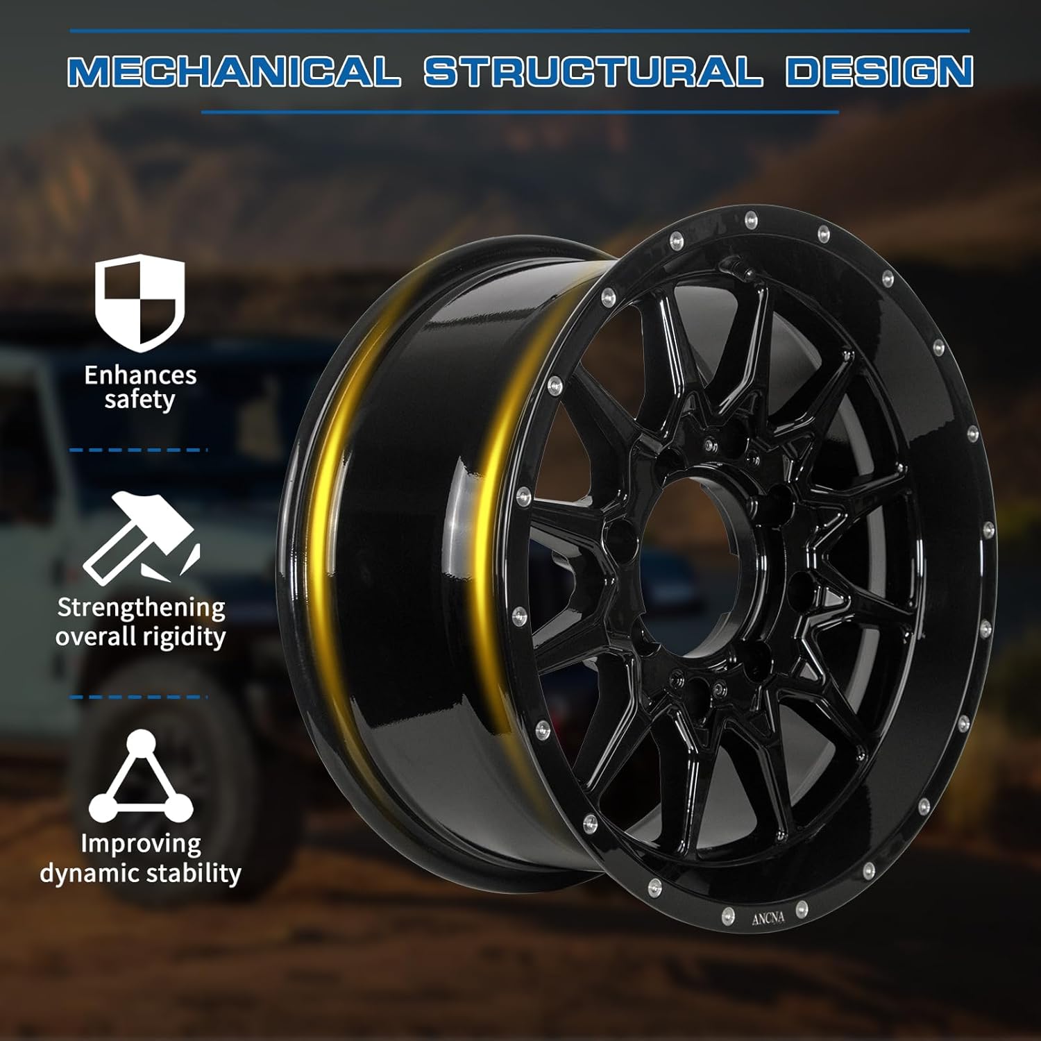 ANCNA 15&#34;x7&#34; Wheel Rim 4x136\/156 Premium Aluminum Alloy Rim with Black Spokes, Center Bore-110.18mm Wheel Load Raiting - 1200 LBS,+10 mm Offset