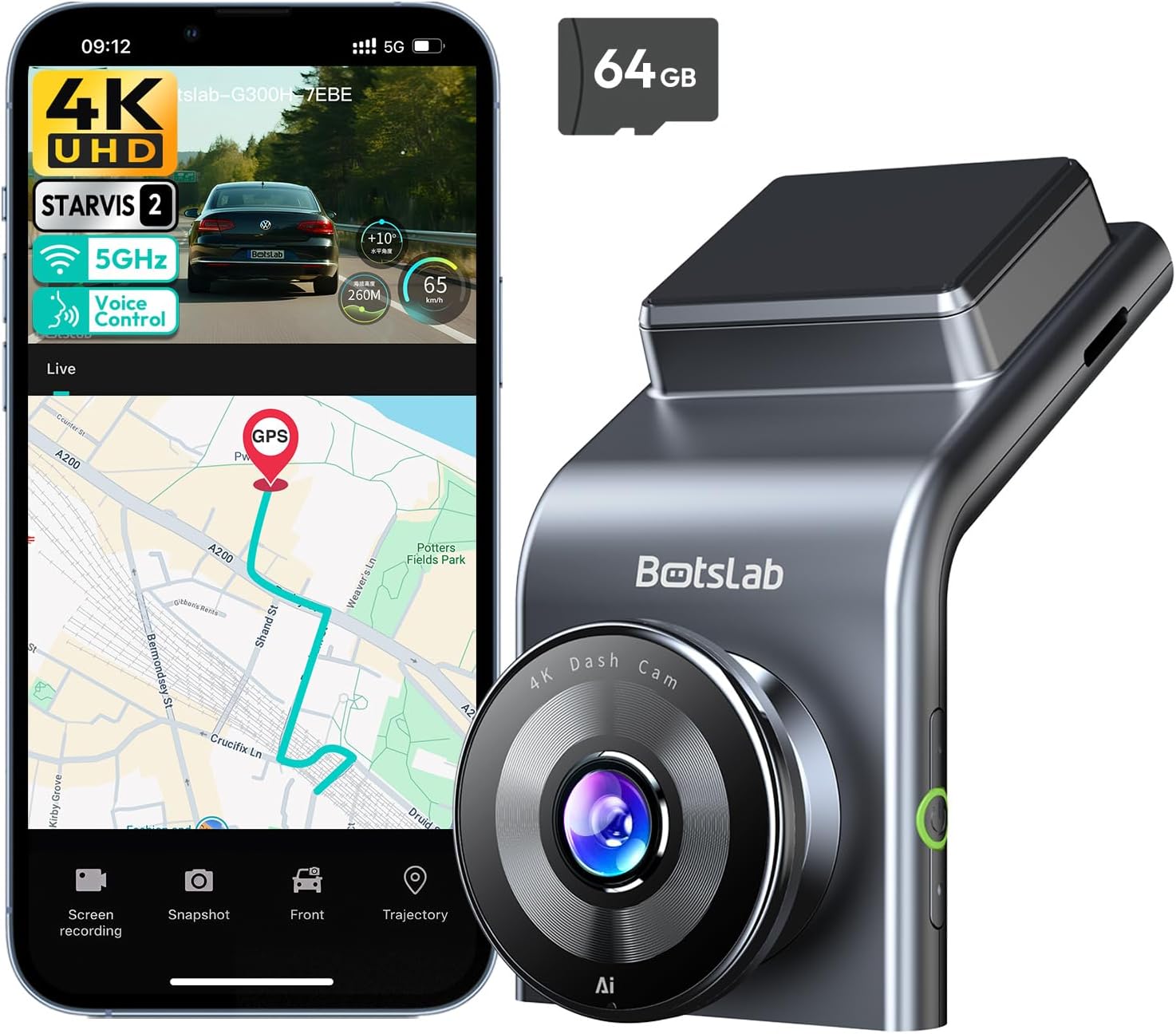 BOTSLAB 4K Dash Cam Front and Rear, STARVIS 2 Sensor, Voice Control, 64GB Card Included, 5GHz WiFi Dashcam Front and Rear Camera, Built in GPS, WDR Night Vision, 170°Wide Angle, 24H Parking Mode