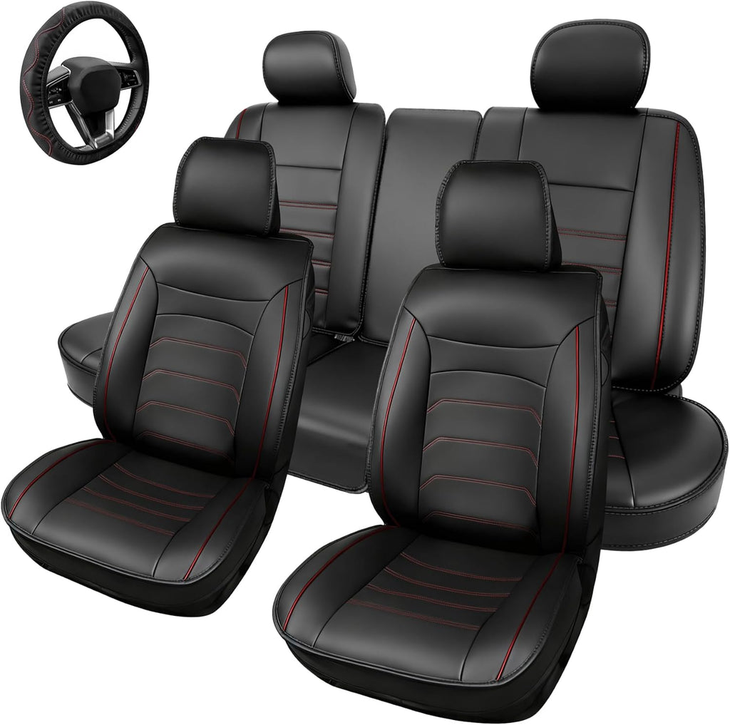 [2025 Upgraded Leather Fabric] Car Seat Cover with Steering Wheel Cover, Car Seat Covers Full Set Airbag Compatible, Waterproof Leather Seat Covers, Universal Car Seat Covers for Trucks, SUV