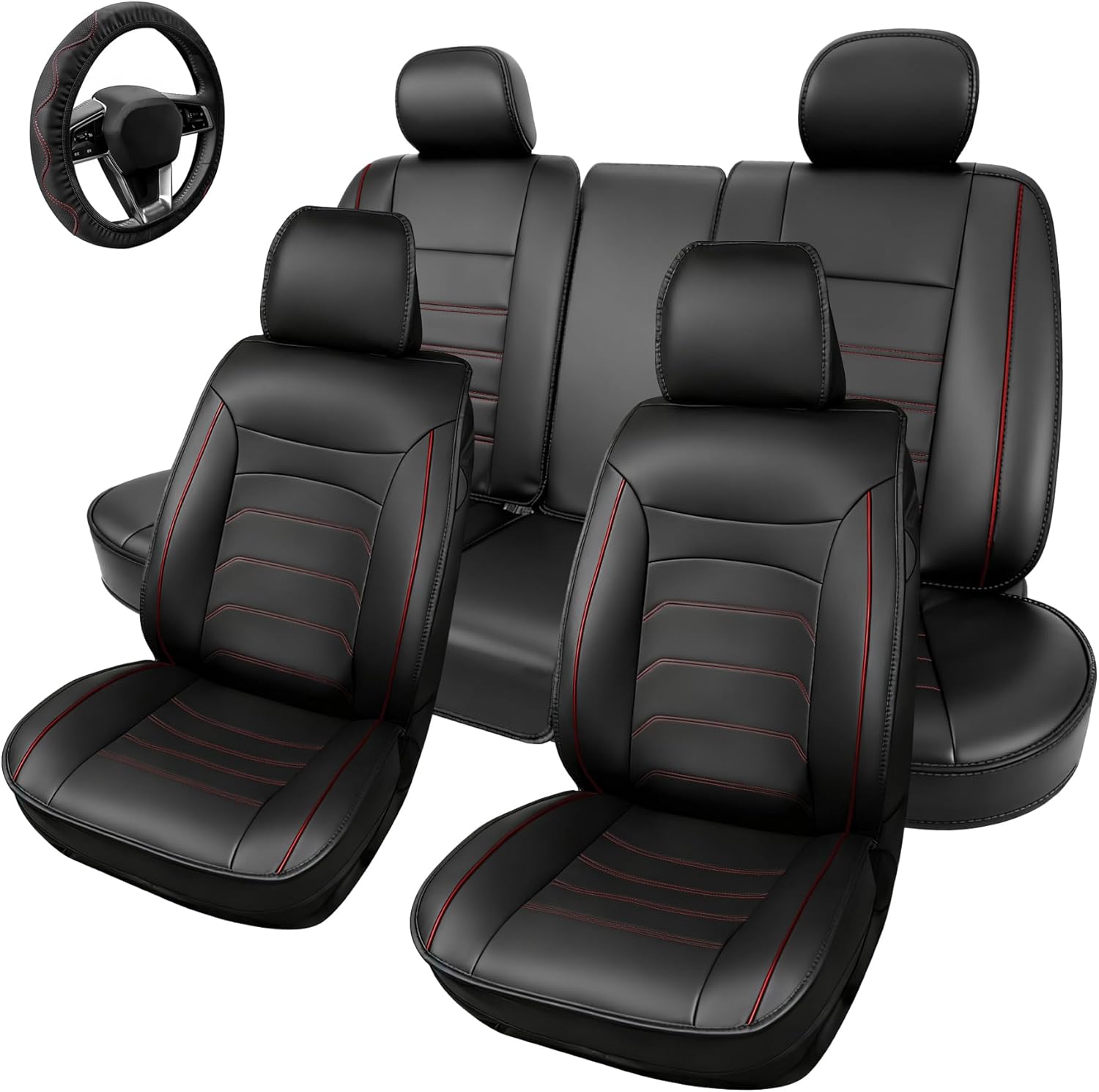 [2025 Upgraded Leather Fabric] Car Seat Cover with Steering Wheel Cover, Car Seat Covers Full Set Airbag Compatible, Waterproof Leather Seat Covers, Universal Car Seat Covers for Trucks, SUV