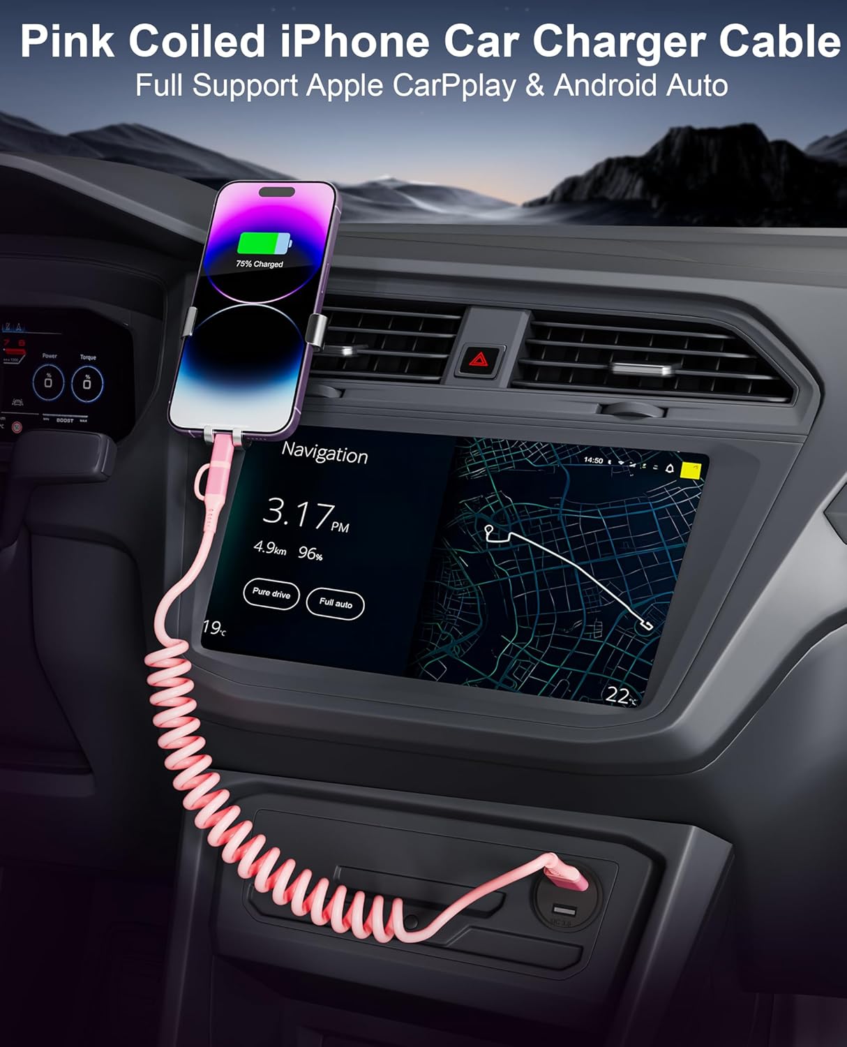 2-in-1 Coiled USB-C & Lightning Pink iPhone Car Charger - Pink Charger for iPhone 16/15/14/Android, Apple CarPlay & Android Auto Supported, Short Coiled Design for Car/Travel/Power Bank (3-4FT)