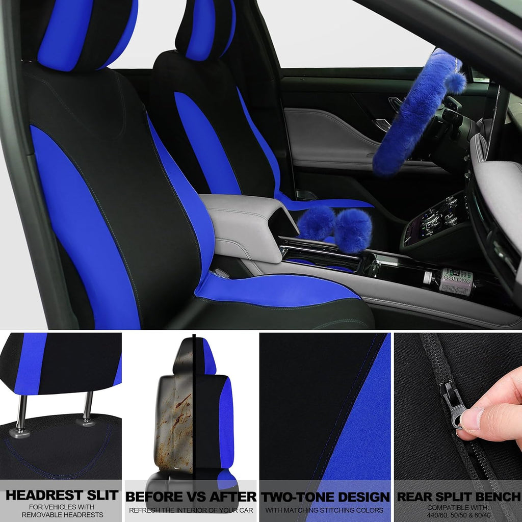 Woanger 47 Car Seat Cover Full Set for Women Included Car Front Rear Seat Fluffy Steering Wheel Cover Belt Automotive Floor Mats Air Conditioner Decoration Strip Universal(Blue)