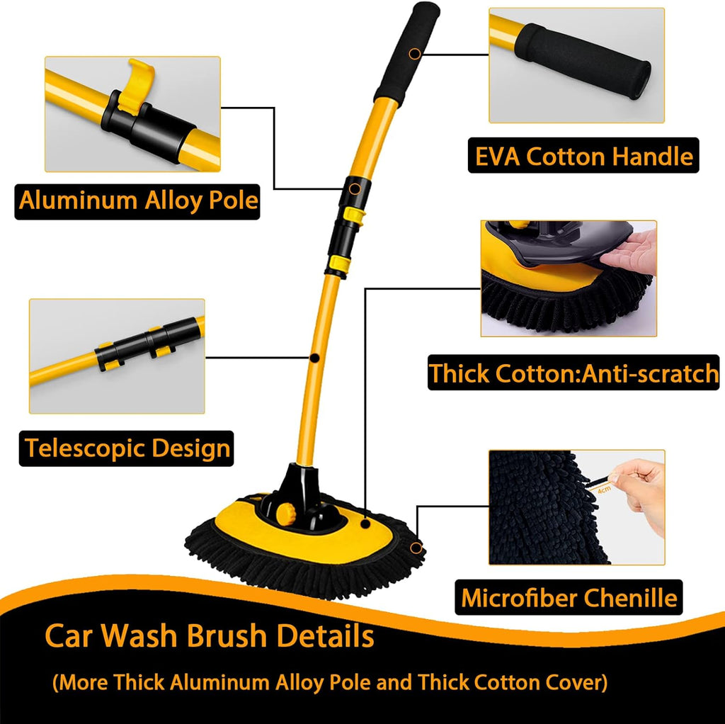 15° Curved Car Cleaning Brush with Telescopic Handle 43" Aluminum Alloy Long Rod Wash Mop For Washing Caravan Van Truck Boat RV Roof Soft Chenille Head Duster Clean Product Not Hurt Paint Scratch Free
