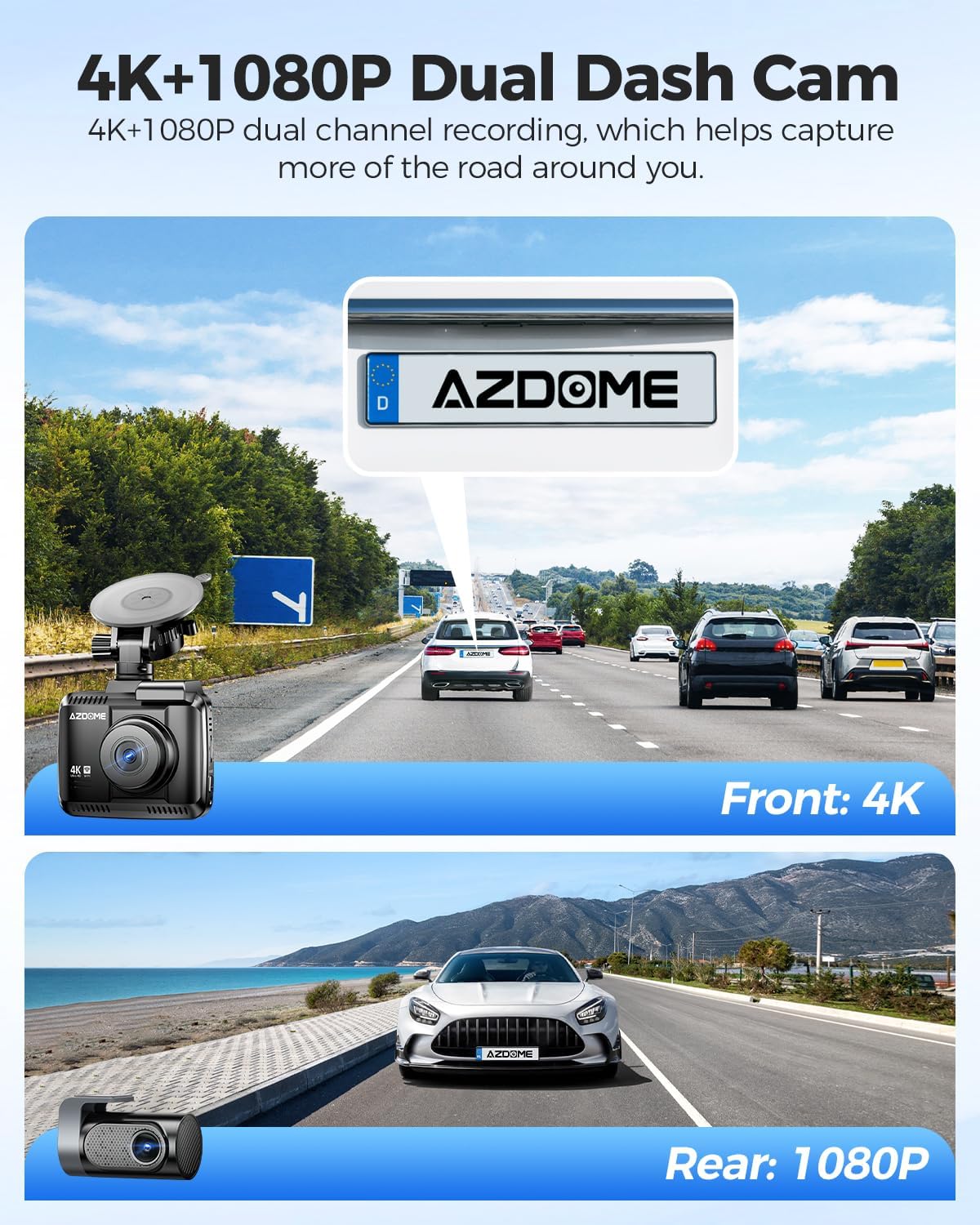 AZDOME 4K Dash Cam Front and Rear, STARVIS Night Vision, UHD 2160P WiFi Dash Camera for Cars with GPS, Included 64GB Card, 2.4" IPS Screen Dashcam, 170°Wide Angle, WDR, 24H Parking Mode (GS63H Pro)
