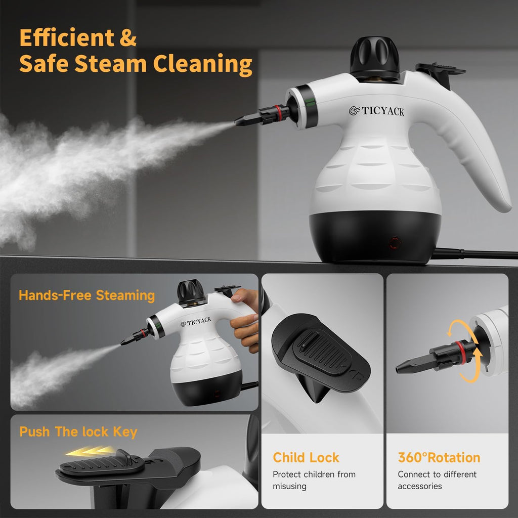 Steam Cleaner, Handheld Steam Cleaner for Home, 16-Piece Steam Cleaner Kit with Automatic Steam Switch, Steamer for Kitchen, Bathroom, Car, Living Room and Multi-Surface Deep Cleaning (White)