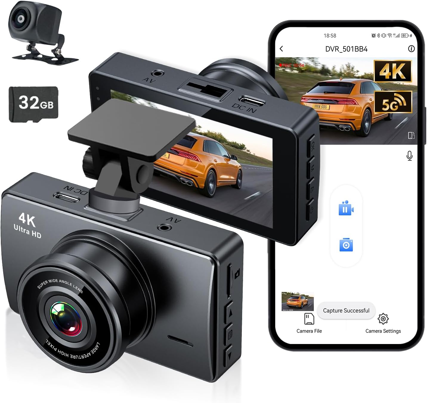 Dash Cam Front and Rear, Dash Camera for Cars 4K+1080, Dashcam Built-in WiFi, APP Control, 32GB Card Included, 3" IPS Touch Screen, 24H Parking Monitor, Night Vision, G-Sensor