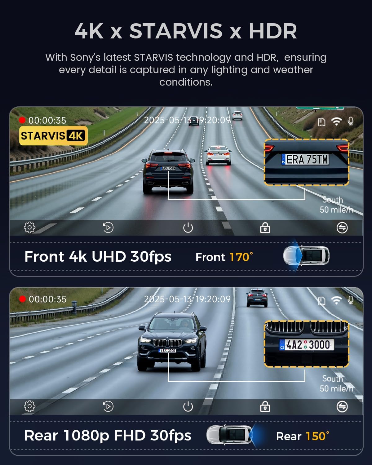 COOLCRAZY 4K Dash Cam Front and Rear with Touch Screen & STARVIS Sensor,5.8Ghz Wi-Fi,GPS,64GB Card,Night Vision Dashcam,G-Sensor,Loop Recording,App Control,24H Parking Monitor Car Camera