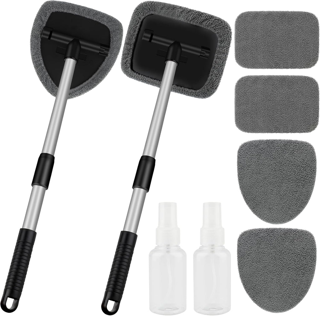 Windshield Cleaner Tool, Car Interior Window Cleaning Tool, Car Wash kit with 4 Reusable Microfiber Pads, 2 Extendable Handle and 2 Spray Bottles, Glass Wiper Kit for Windshield, Home Windows
