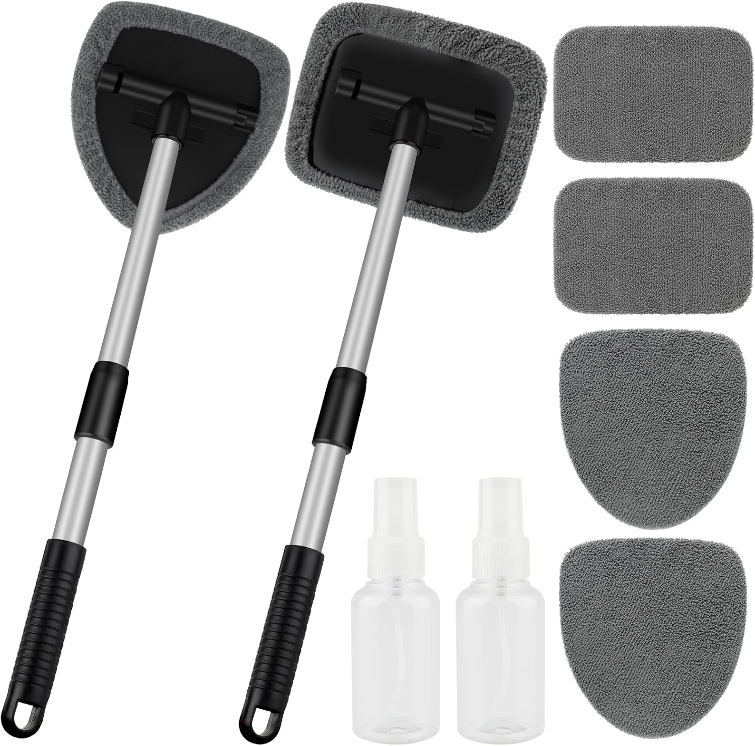 Windshield Cleaner Tool, Car Interior Window Cleaning Tool, Car Wash kit with 4 Reusable Microfiber Pads, 2 Extendable Handle and 2 Spray Bottles, Glass Wiper Kit for Windshield, Home Windows