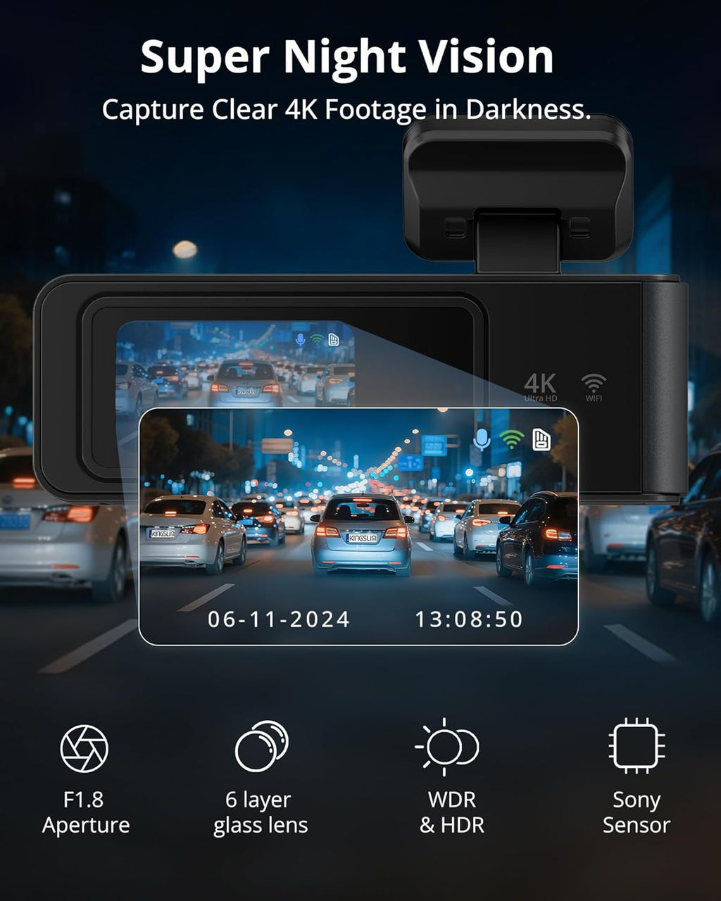 Kingslim 4K Dash Cam Front and Rear, Front 4K Rear 1080P Dual Dash Camera for Cars, Mini Dashcam with 64GB Card, APP Control, Night Vision, G-Sensor, Loop Recording, Parking Mode