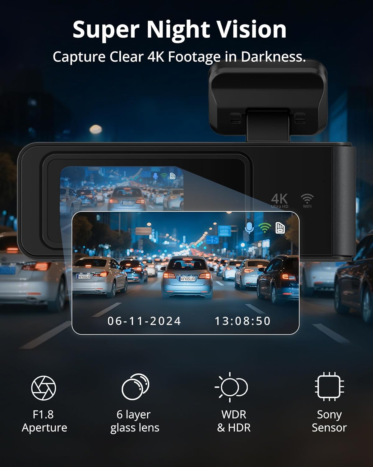 Kingslim 4K Dash Cam Front and Rear, Front 4K Rear 1080P Dual Dash Camera for Cars, Mini Dashcam with 64GB Card, APP Control, Night Vision, G-Sensor, Loop Recording, Parking Mode
