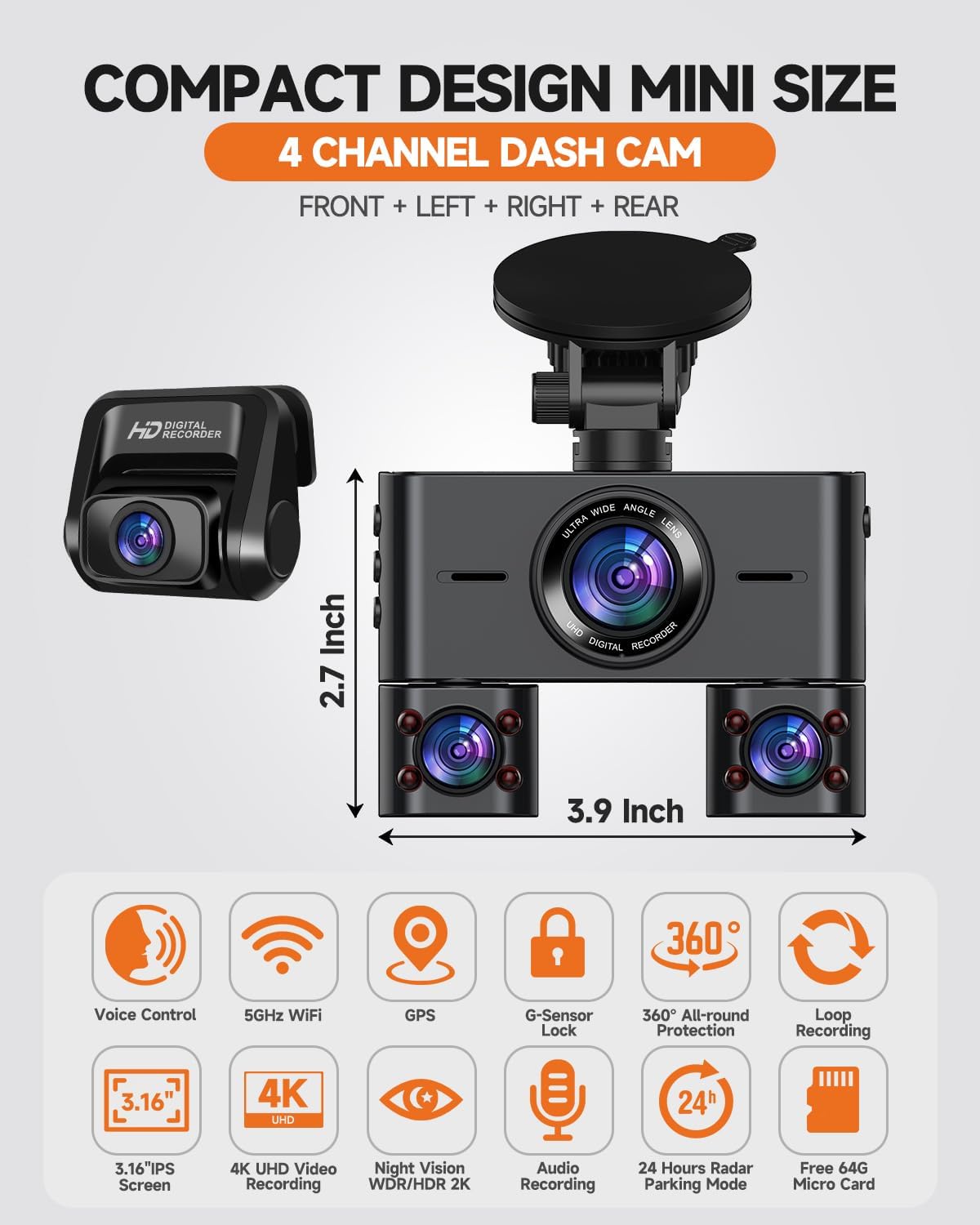 Dash Cam 360°, 4 Channel Camera for Cars Front and Rear Inside, 2K FHD Mini Dashcam, 5G WiFi, GPS, with 64G Card, Voice Control, WDR, HDR, Night Vision, 24/7 Parking Mode(Upgraded Version V7PLUS)
