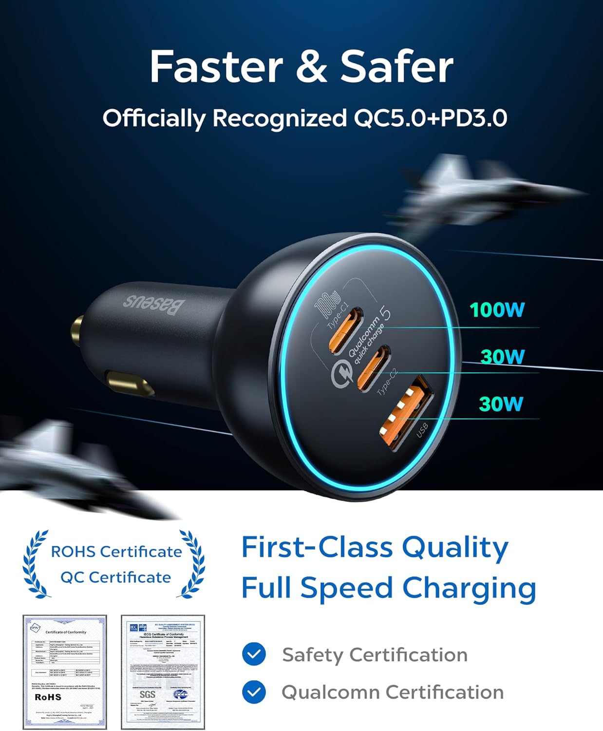 160W USB C Car Charger, Baseus Type C Car Charger, QC5.0 PD3.0 PPS 3 Ports Super Fast Charging Car Phone Charger Adapter for iPhone 15 14 13 Pro, Samsung S22 iPad MacBook Pro