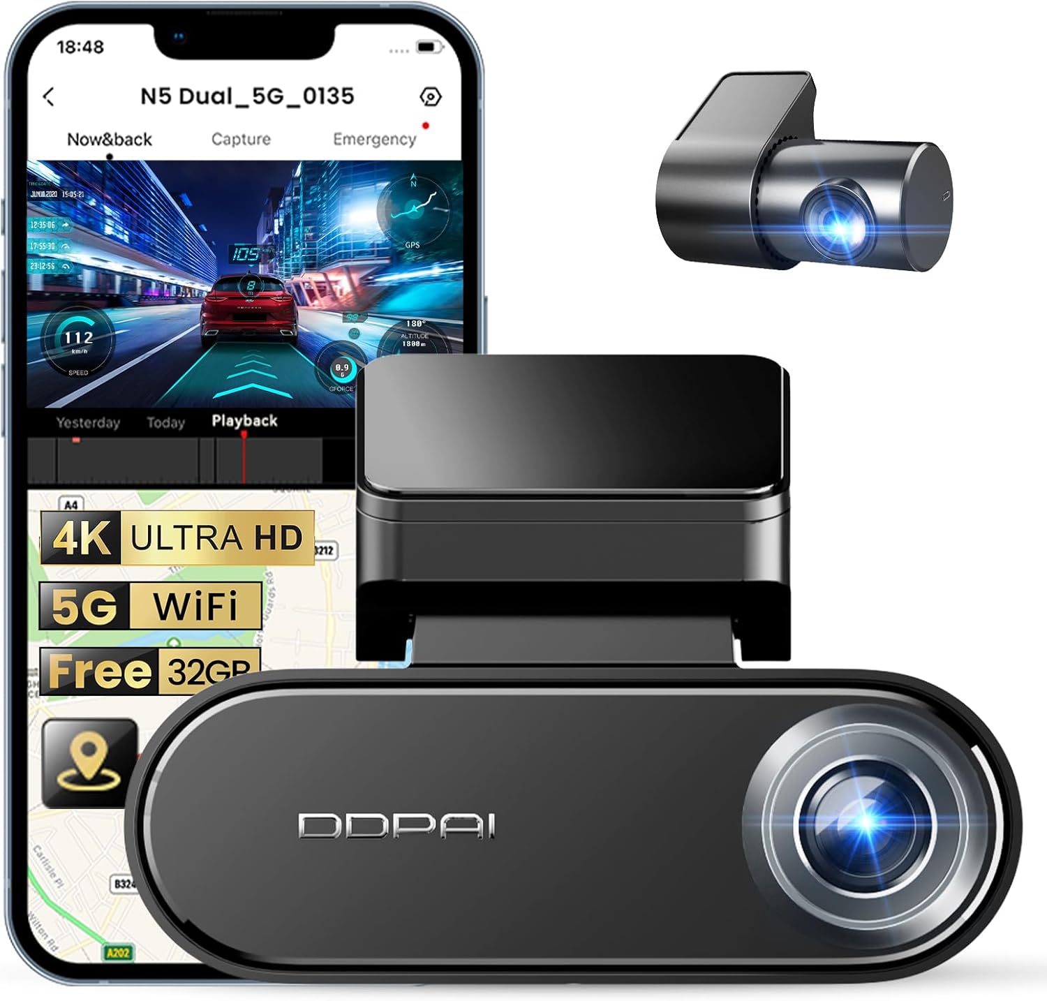 DDPAI 4K Dash Cam Front and Rear, 2160P+1080P Car Dash Camera, GPS 5G WiFi Dashcam for Cars, Free eMMC 32G Dual Storage Support 512G,Radar Motion Detection,Night Vision,72 Hour Parking Mode, N5 Dual