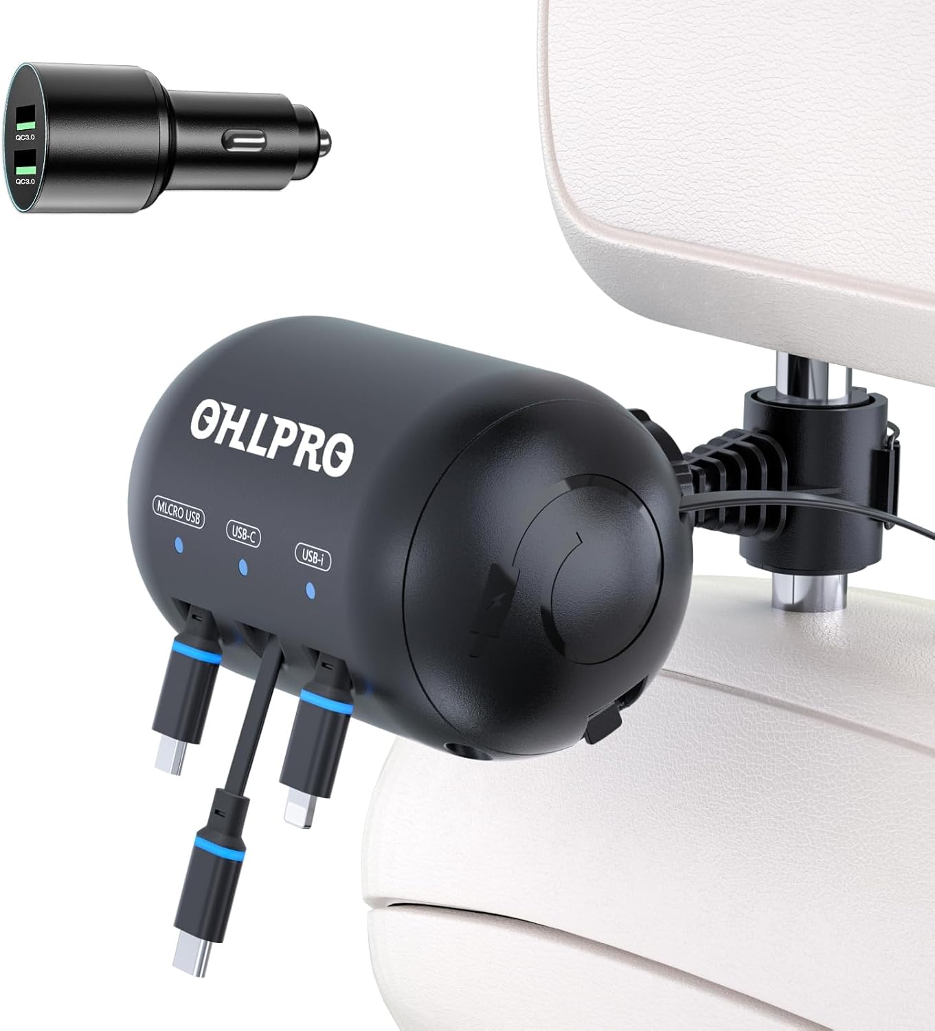 OHLPRO Multi Car Retractable Backseat 3 in 1 Car Charging Station Box Compatible with All Phones | iPhone | Samsung | Uber Taxi Lyft Turo Ride Share Customer Charging Dock Attach to Headrest