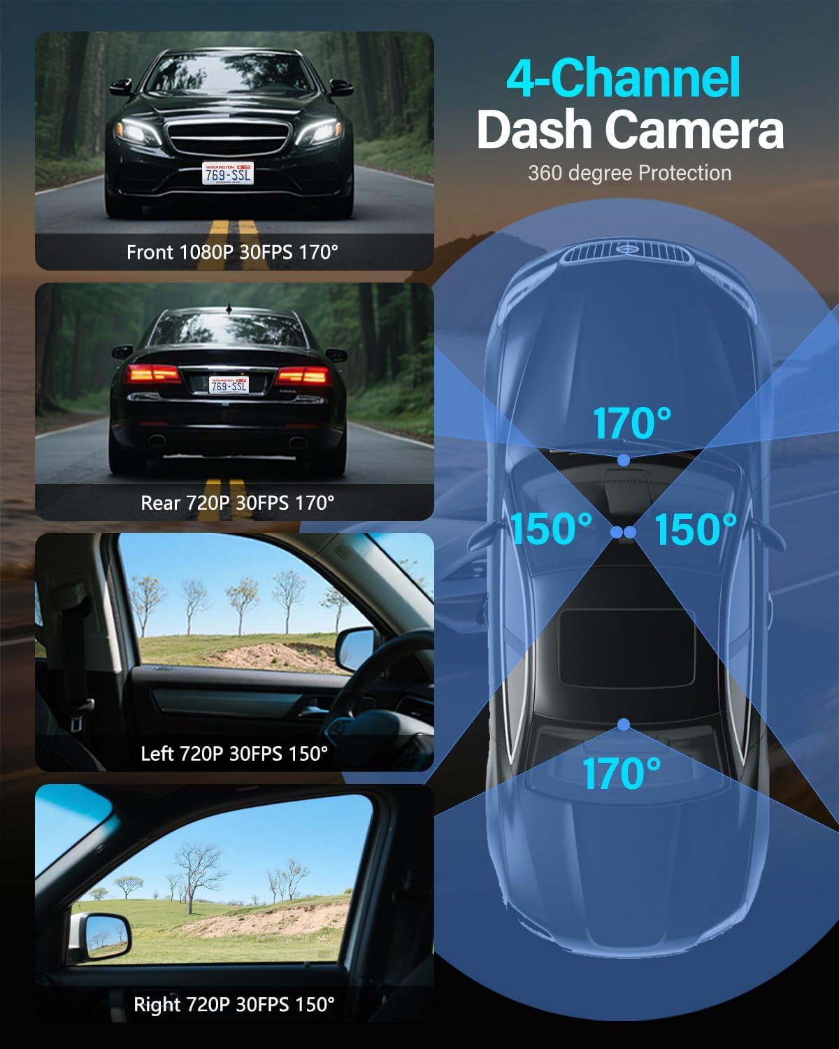 4 Channel Dash Cam Front and Rear Inside Left Right, 360 Degree View Dash Camera for Cars, 1080P Dashcam, 5G WiFi Car Camera with Night Vision, 24/7 Parking Monitor, G-Sensor, Free 64GB Card