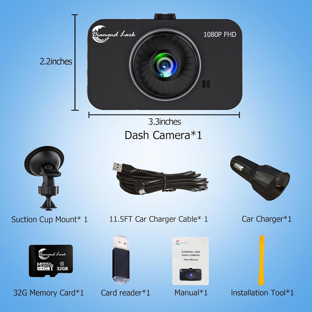1080P Full HD Dash Camera for Cars, Diamond Lark Dash Cam Front with 32G SD Card, 3”LCD Screen, 170°Wide Angle, Dashboard DashCam with Loop Recording, HDR, Night Vision, G-Sensor, Parking Monitor
