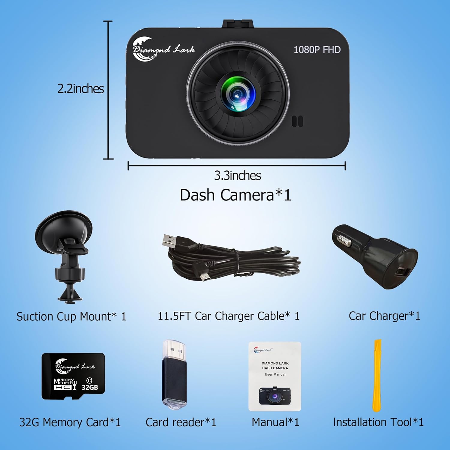 1080P Full HD Dash Camera for Cars, Diamond Lark Dash Cam Front with 32G SD Card, 3”LCD Screen, 170°Wide Angle, Dashboard DashCam with Loop Recording, HDR, Night Vision, G-Sensor, Parking Monitor