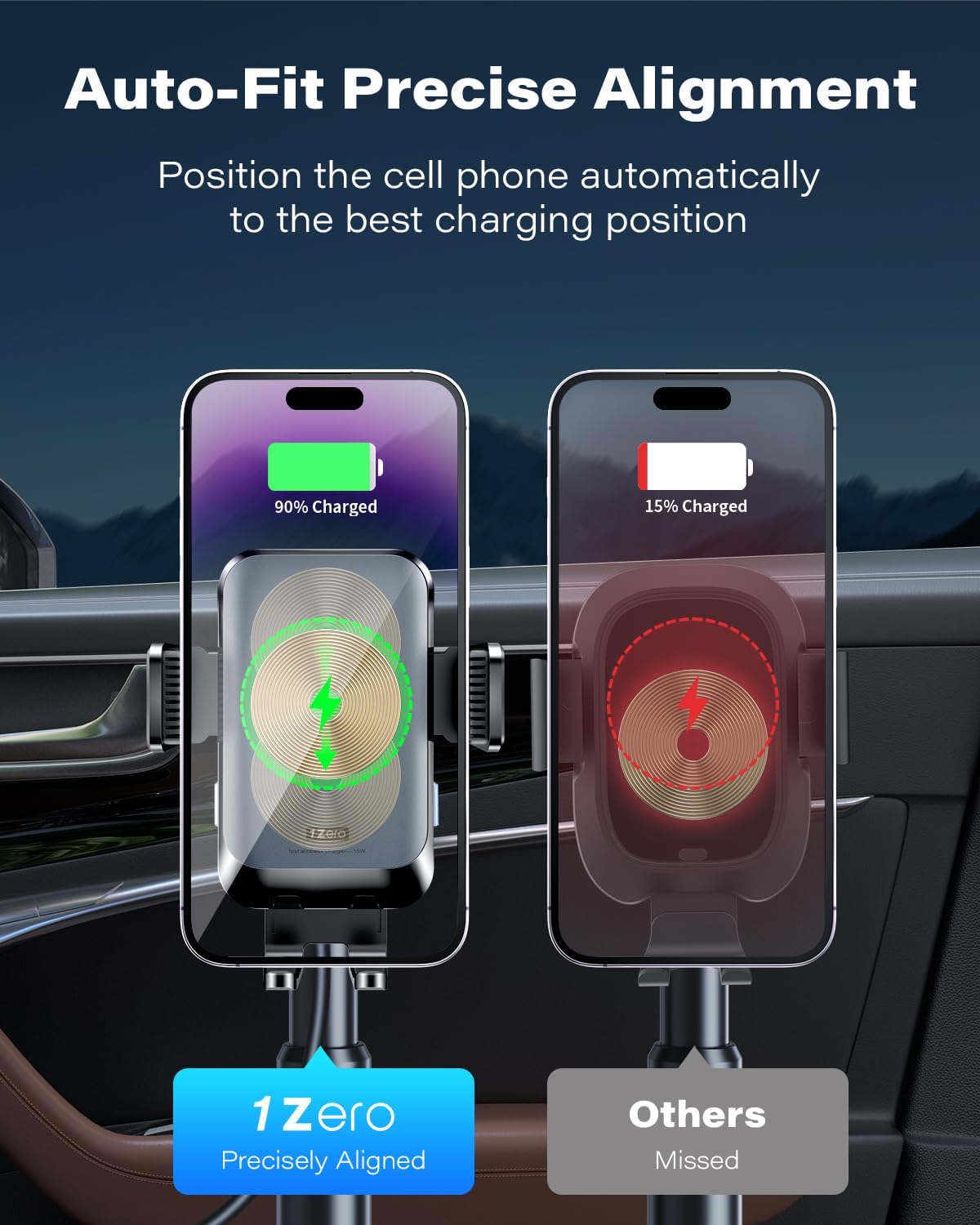 1Zero Auto Clamping Wireless Car Charger Sturdy Cup Phone Holder Mount 15W Fast Charging for iPhone 16 15 Pro Max Plus 14 13 12 11 XS X Samsung S24 Ultra S23 S22 S22 S21 S20 Pixel 8 Pro 7 6 5 4