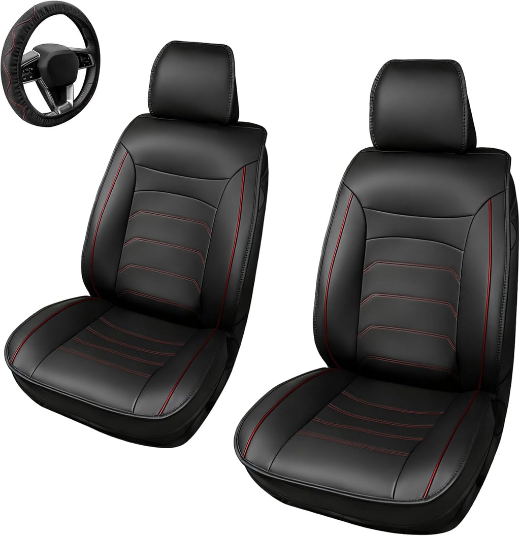 [2025 Upgraded Leather Fabric] Car Seat Cover with Steering Wheel Cover, Car Seat Covers Full Set Airbag Compatible, Waterproof Leather Seat Covers, Universal Car Seat Covers for Trucks, SUV