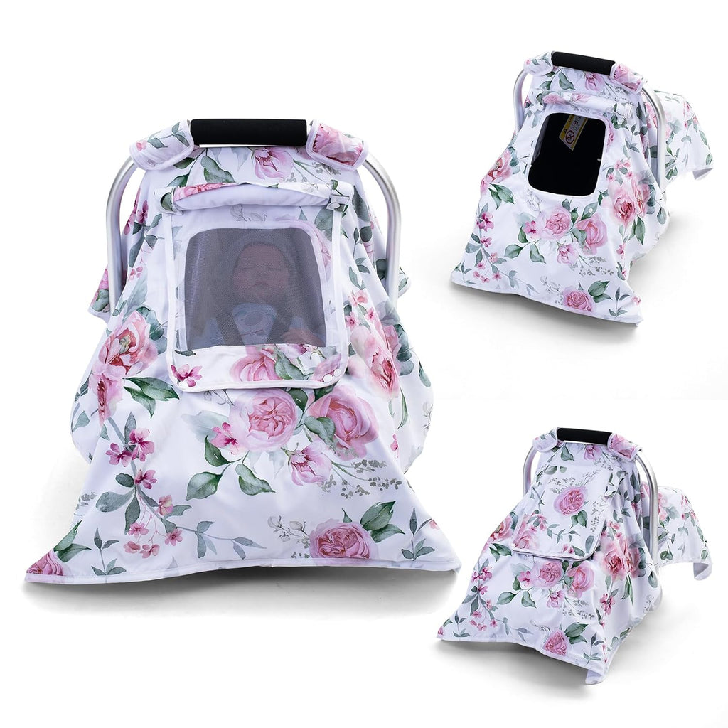 THE KENKYO Car Seat Covers for Babies, Baby Car Seat Cover for Girls Boys, Kick-Proof Newborn Carrier Canopy with Breathable Mesh Peep Window, Windproof Stroller Cover for All Seasons