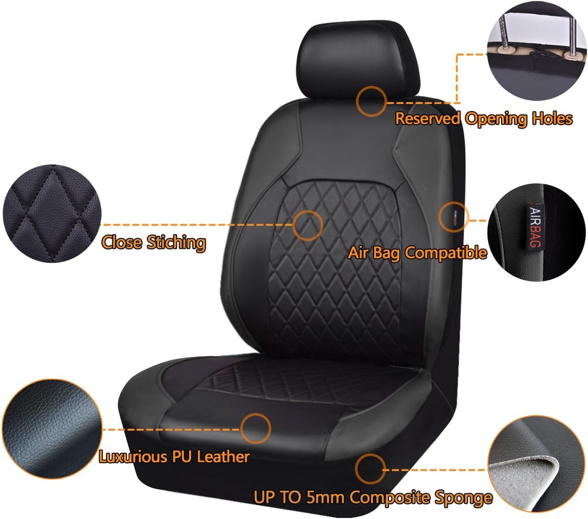 Universal Deluxe Pu Luxury Vinyl Faux Leather Car Seat Covers Full Set, Airbag Compatible, Breathable, Fit for Cars, Trucks, SUV (All Black)