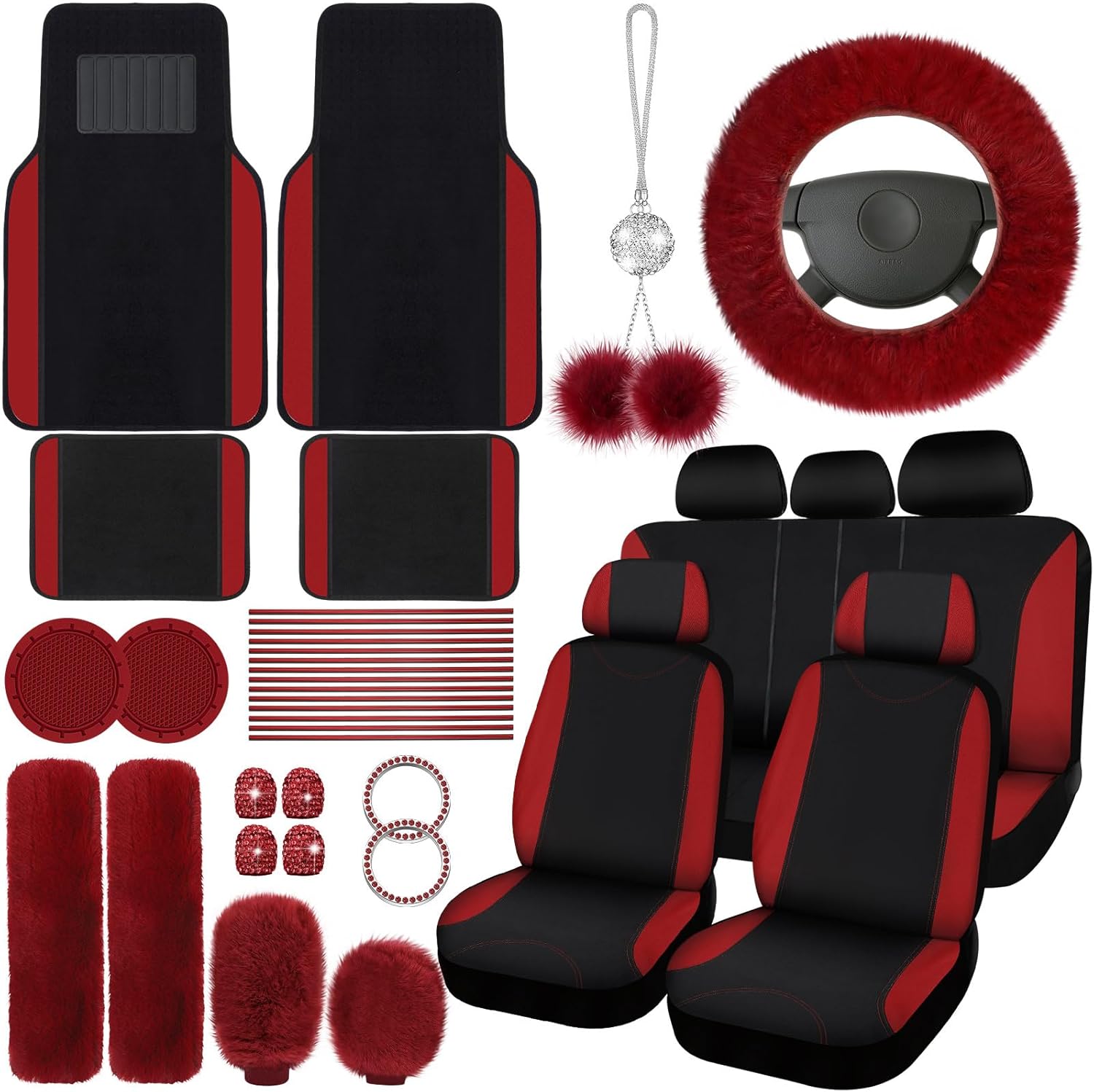 Woanger 47 Car Seat Cover Full Set for Women Included Car Front Rear Seat Fluffy Steering Wheel Cover Belt Automotive Floor Mats Air Conditioner Decoration Strip Universal(Blue)