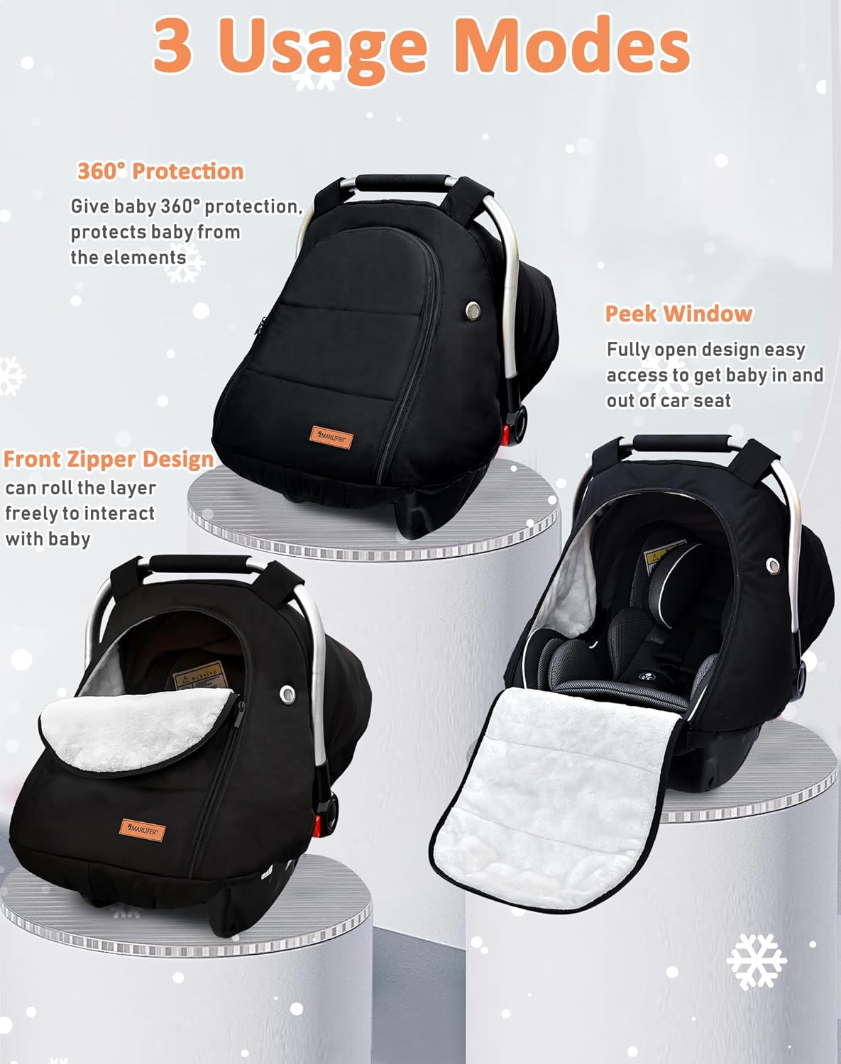 Waterproof Winter Baby Car Seat Cover, Carseat Cover Boys, Cozy & Warm Cover, Infant Car Seat Canopy, Universal Cold Weather Shield, Black