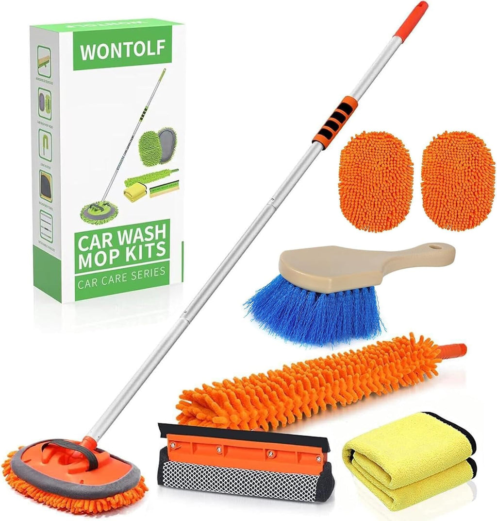 Wontolf 62'' Car Wash Brush with Long Handle Chenille Microfiber Car Wash Mop Mitt Kit Car Detailing Brush Cleaning Kit Window Squeegee Car Duster Drying Towels Tire Brush for Cars RV Truck Boat