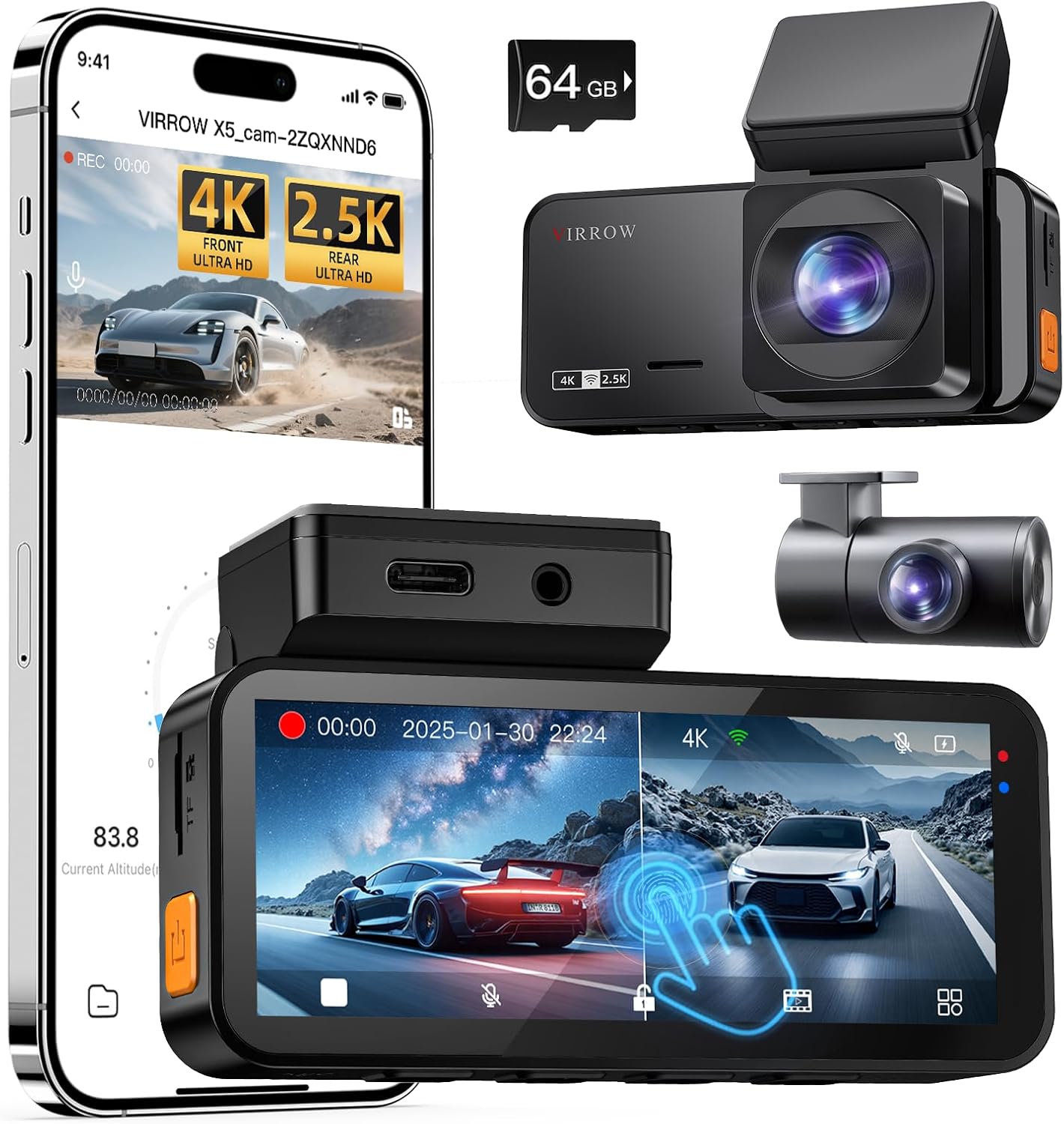 Dash Cam Front and Rear: 4K+2.5K Dash Camera for Cars with Touch Screen 3.39" - Dashcam with WiFi APP Control 64GB Parking Mode Night Vision Loop Recording Emergency Lock (X5)
