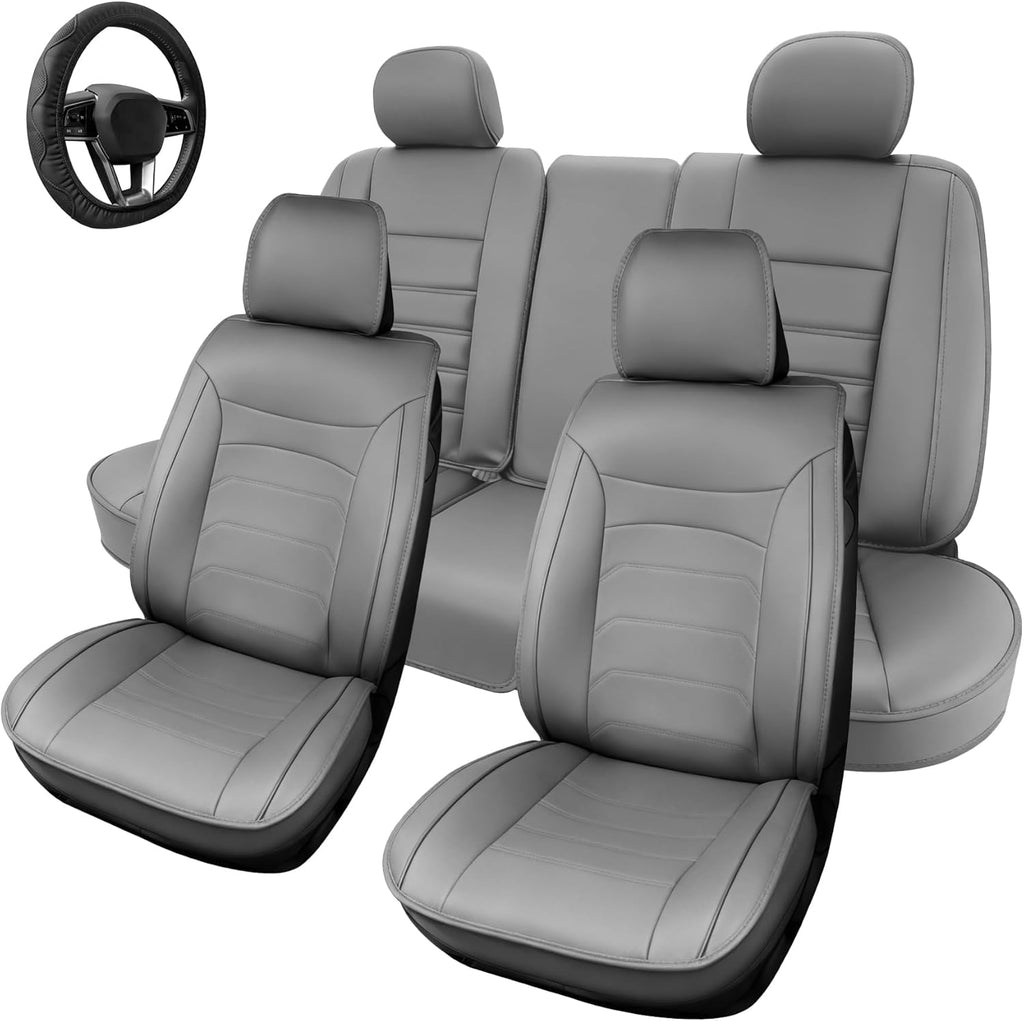 [2025 Upgraded Leather Fabric] Car Seat Cover with Steering Wheel Cover, Car Seat Covers Full Set Airbag Compatible, Waterproof Leather Seat Covers, Universal Car Seat Covers for Trucks, SUV